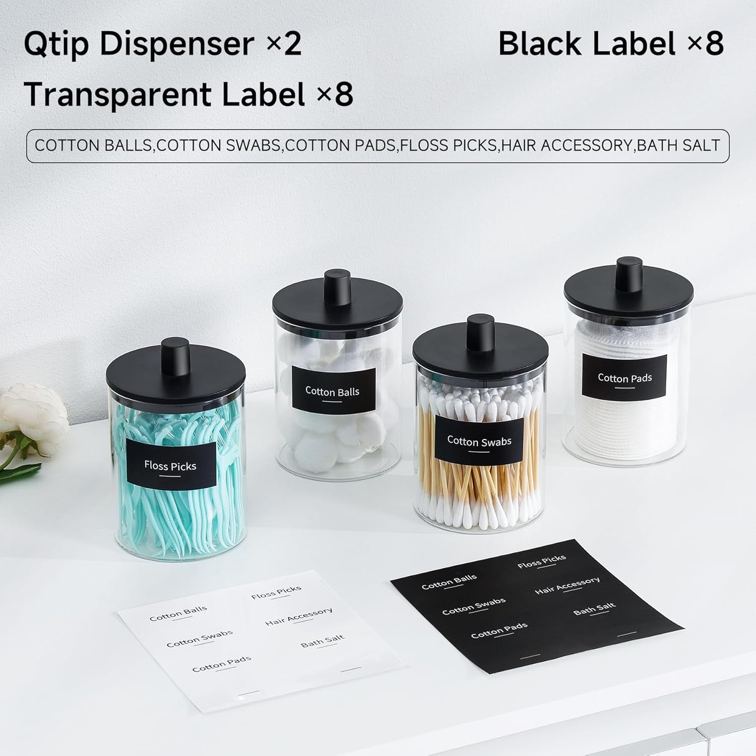 Glass Holder Dispenser - 10 Oz Clear Canister Apothecary Jar, (2 Pack, Black)