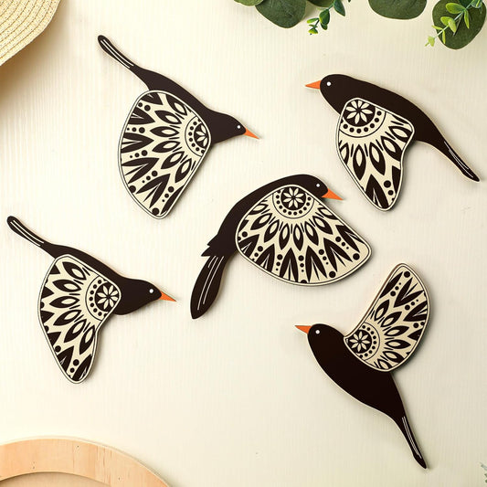 5 Pcs Wooden Bird Wall Art Wood Flying Birds Wall Decor (Black)