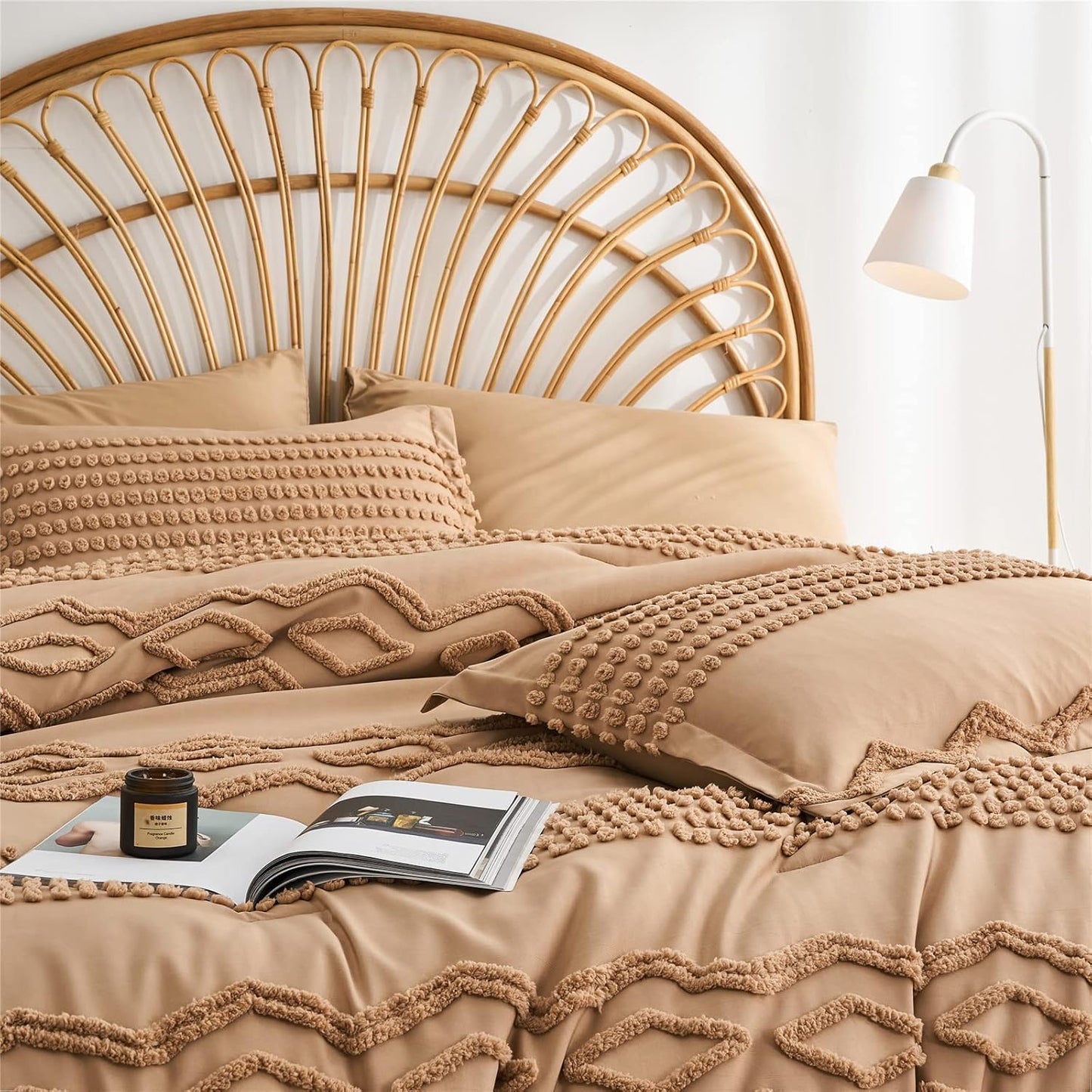 Khaki Tufted Comforter Set, King Size 7 Piece Bed in a Bag, Shabby Chic Boho Comforter and Sheet Set, All Season (Khaki,King)