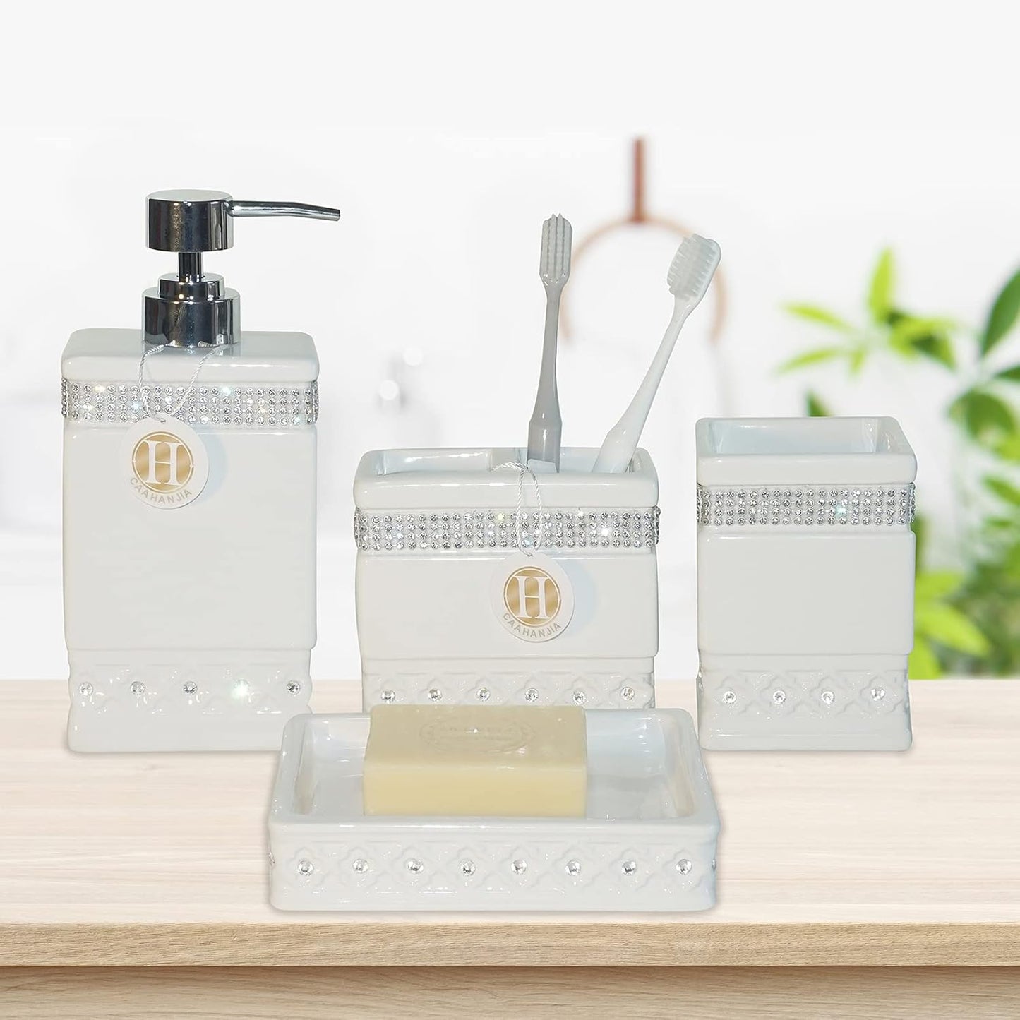 Bathroom Accessories Set 4 Pcs-Ceramic Set, Soap Dispenser Pump, Toothbrush Holder, & Tumbler Cup & Soap Dish 