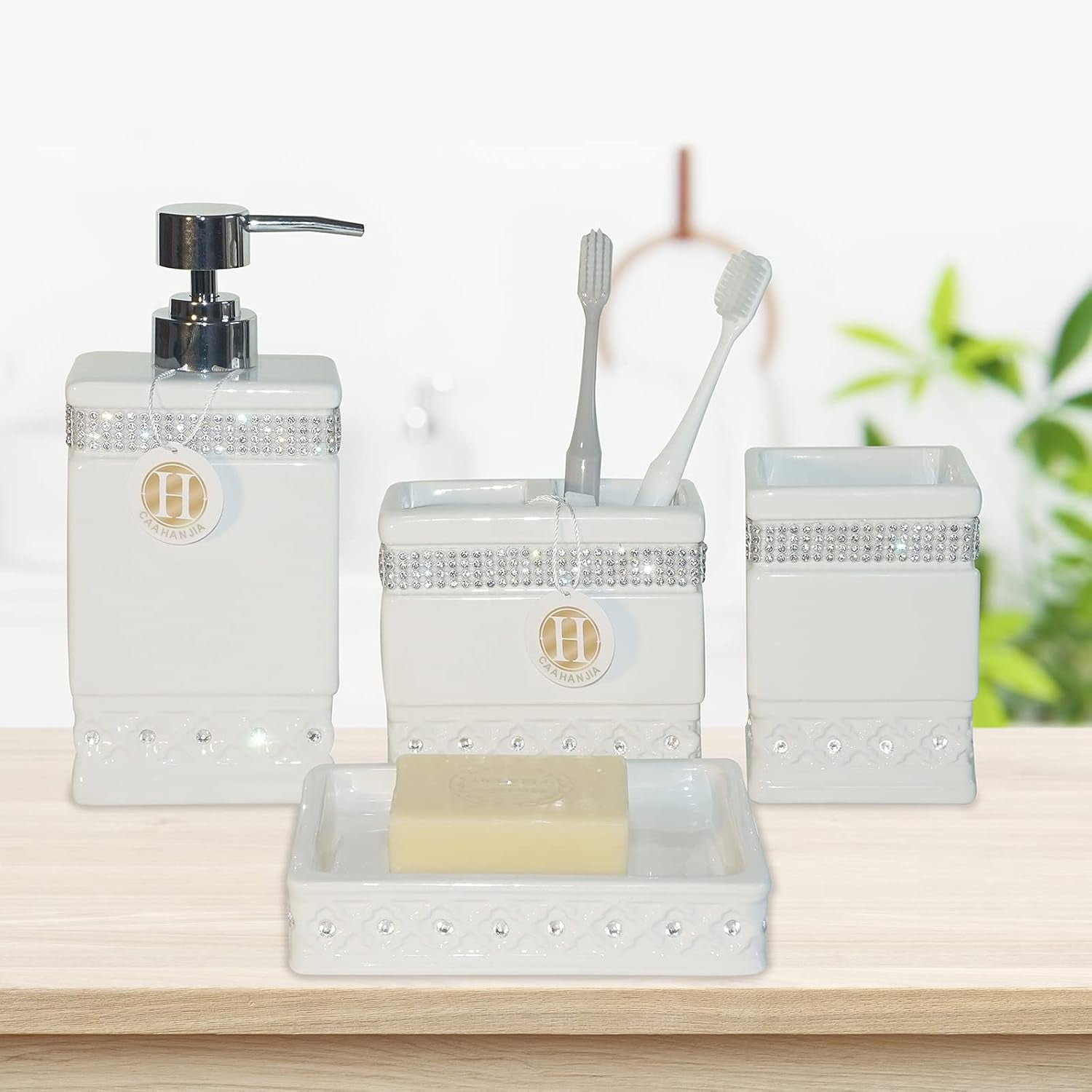 Bathroom Accessories Set 4 Pcs-Ceramic Set, Soap Dispenser Pump, Toothbrush Holder, & Tumbler Cup & Soap Dish 