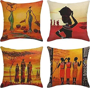 Set of 4 Linen Throw Pillow Covers Oil Painting African Art Ethnic Tribe Lady 18X18 Inches