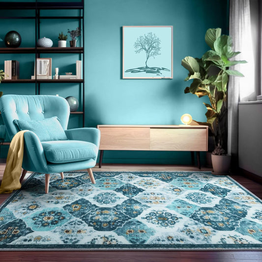 Area Rug, 5X7 Washable Boho Throw Rugs, Moroccan Trellis Bohemian Turquoise Ultra Soft- Teal/Multi