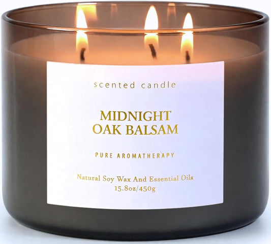 Midnight Oak Balsam 3-Wick Scented Candle, Large Woodsy Soy Candle 15.8 Oz