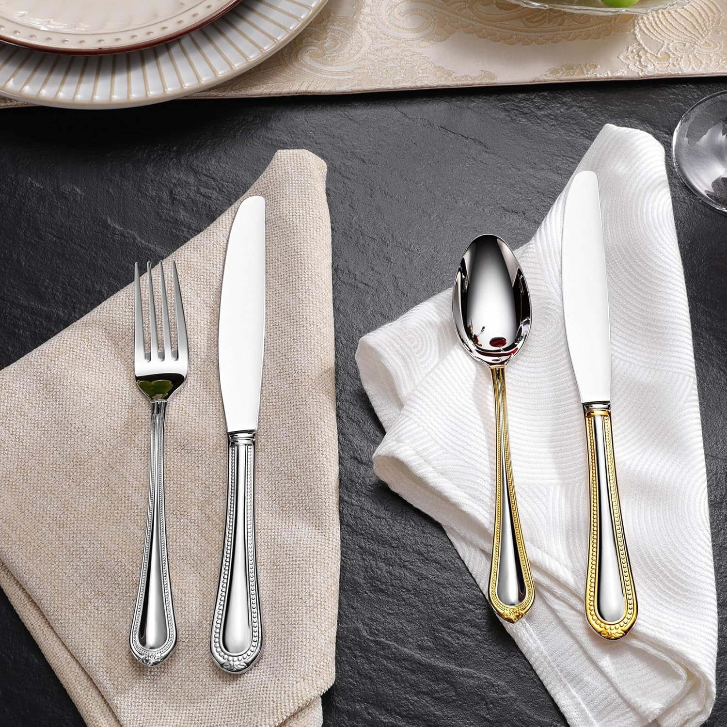 Pearl Edge Premium 20-Piece Refined Bead Silverware Set, (20, Gold Accent)
