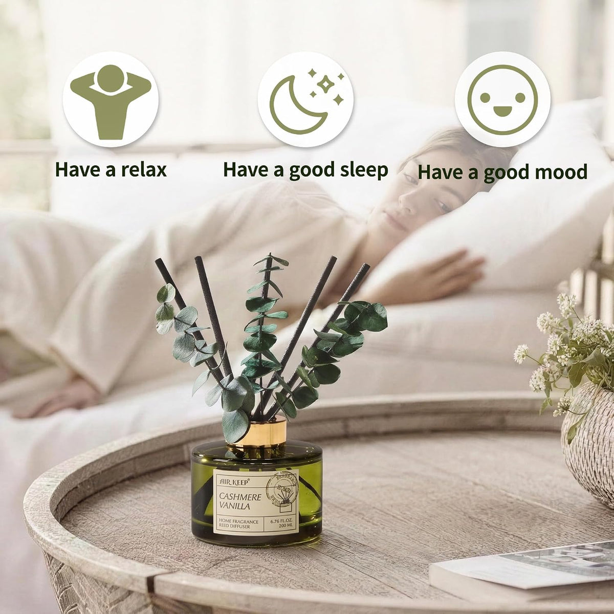 Reed Diffuser Set with 6.76 Fl Oz Cashmere Vanilla Scent Essential Oils and 3 Leaves & 8 Diffuser Sticks,Bathroom Shelf Decor & Air Freshener, House Bedroom Office Decor & Gifts