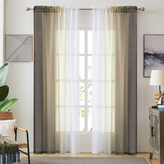 Ombre Faux Linen Sheer Curtains Rod Pocket, Privacy and Light Filtering, 2 Tone Reversible Gradient Voile Semi Window Curtains, Set of 2 Panels, Brown, 54 X 84 Inch Length