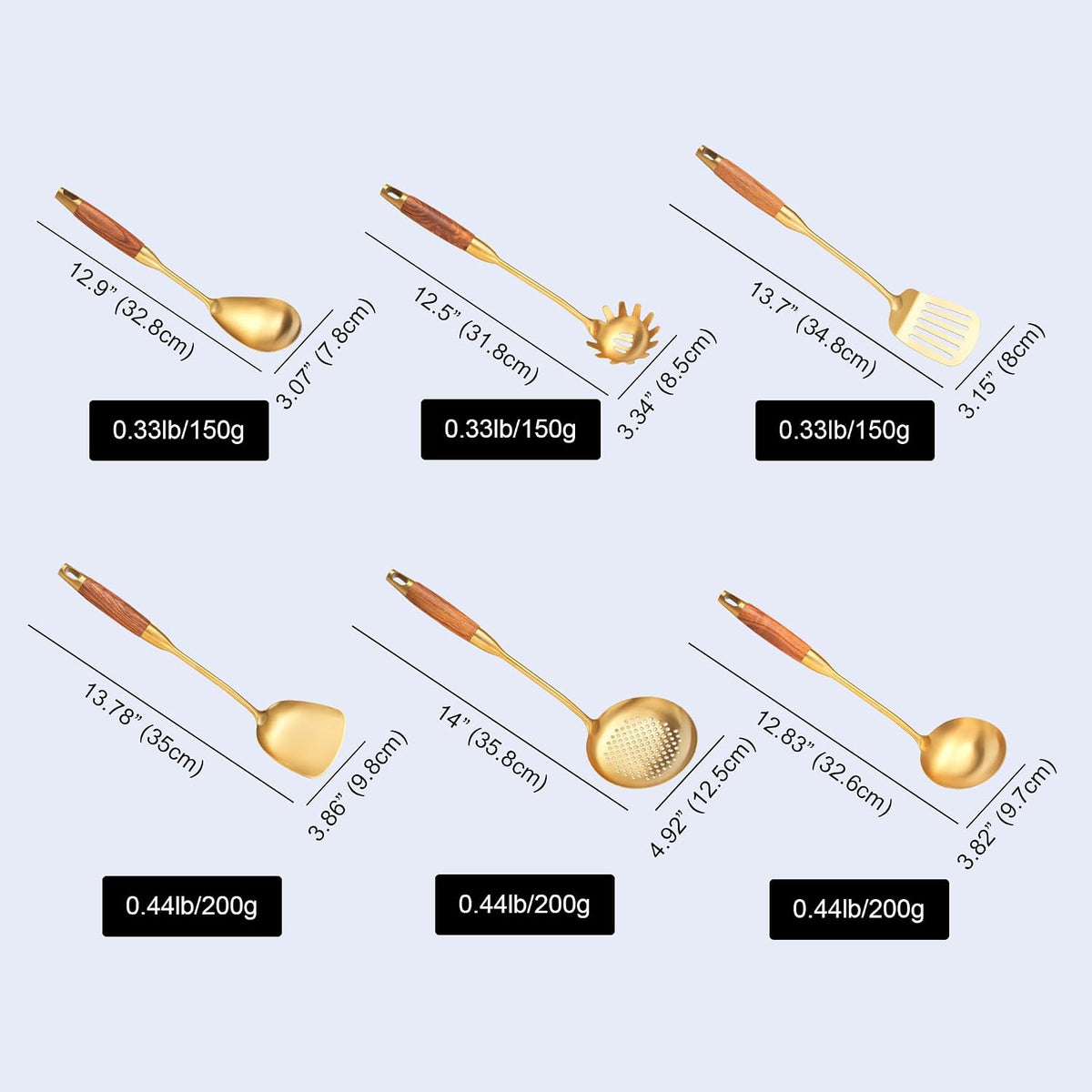 Gold Kitchen Utensils Stainless Steel with Wooden Handle 6 PCS