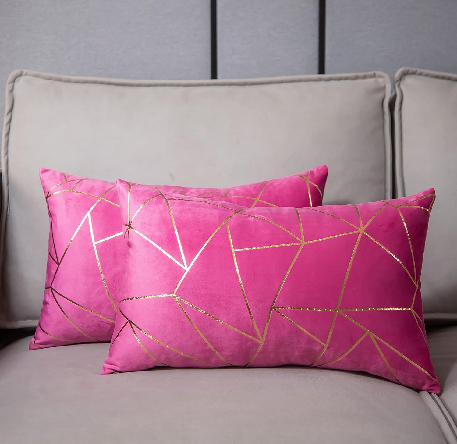 Pack of 2 Soft Velvet Lumbar Throw Pillow Covers Decorative Golden Foil Geometric Pattern Rectangle Cushion Case for Modern Homes Couch Sofa Bedroom Living Room Car Chair(Super Pink, 12“X20”)