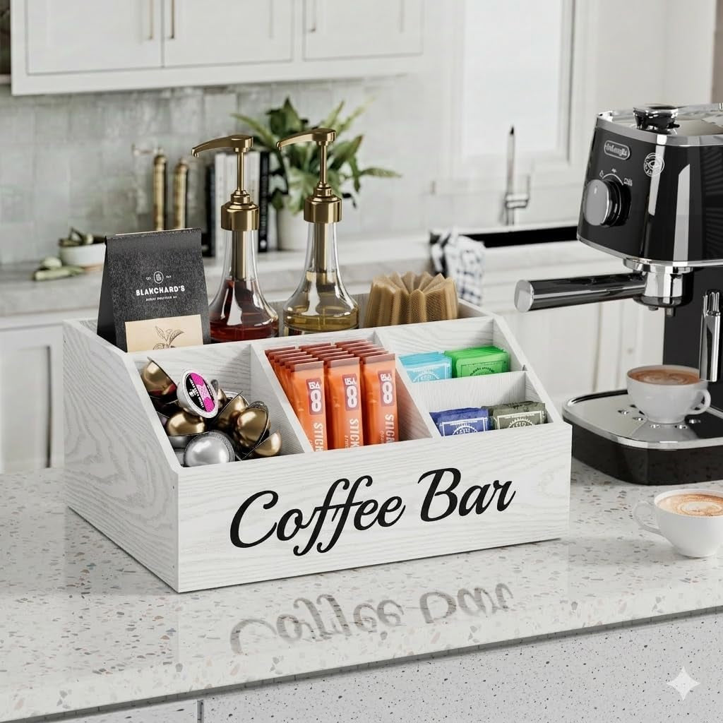 Coffee Station Organizer for Countertop – Wooden Coffee Bar Organizer with Adjustable Dividers for Kitchen, White