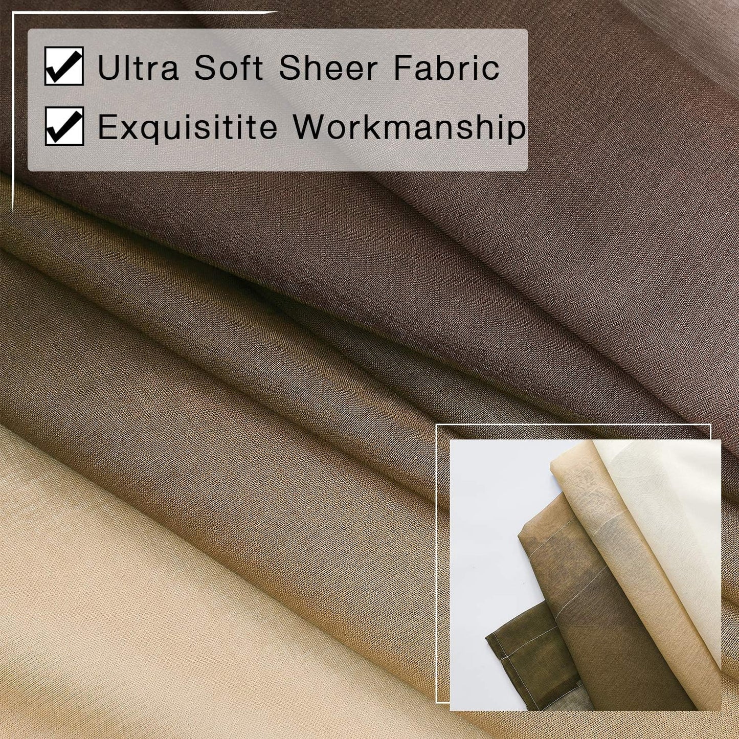 Ombre Faux Linen Sheer Curtains Rod Pocket, Privacy and Light Filtering, 2 Tone Reversible Gradient Voile Semi Window Curtains, Set of 2 Panels, Brown, 54 X 84 Inch Length