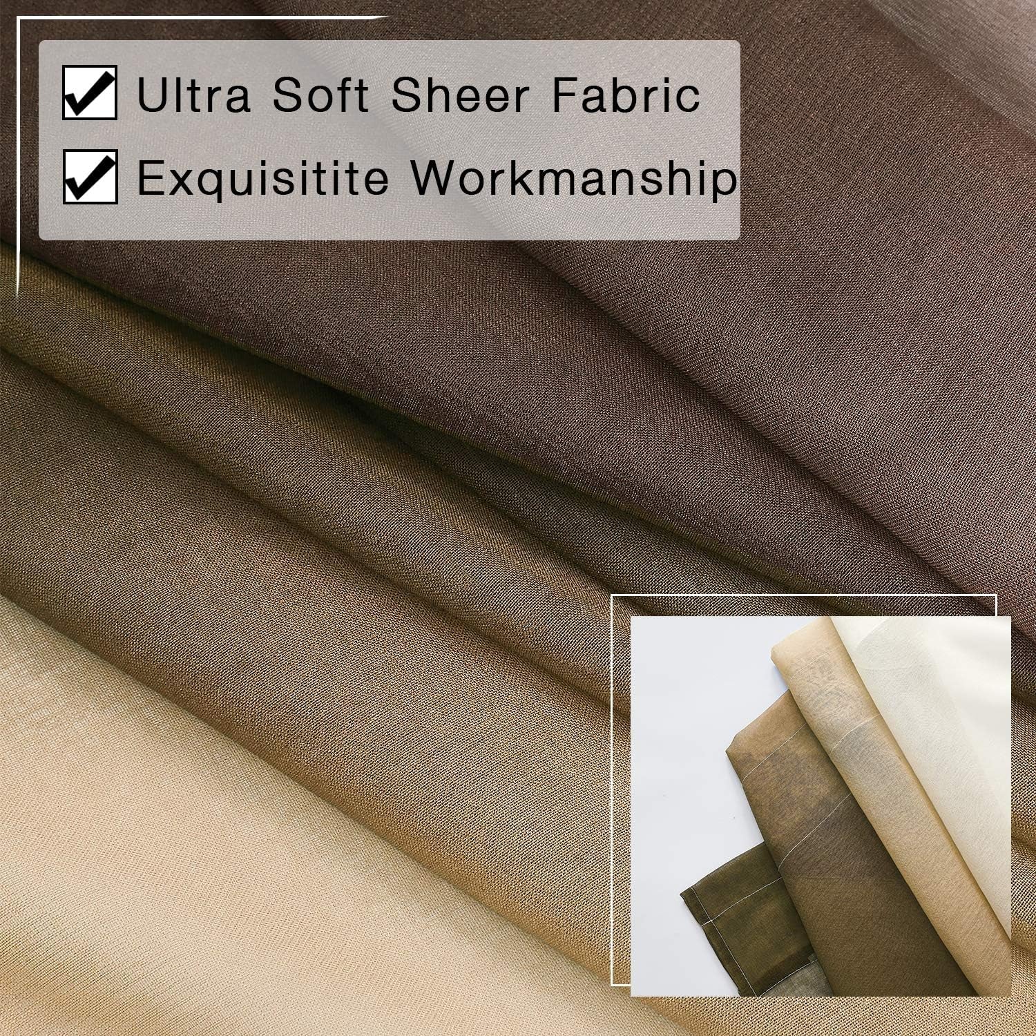 Ombre Faux Linen Sheer Curtains Rod Pocket, Privacy and Light Filtering, 2 Tone Reversible Gradient Voile Semi Window Curtains, Set of 2 Panels, Brown, 54 X 84 Inch Length