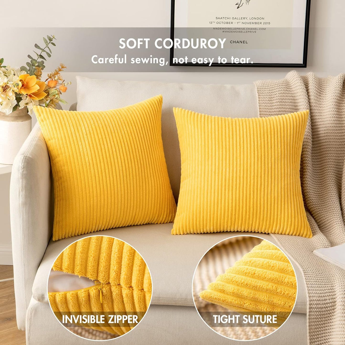 Pack of 2 Golden Yellow Pillow Covers 18X18 Inch Soft Decorative Throw Pillow Covers Corduroy Pillowcases for Spring Sofa Bedroom Couch