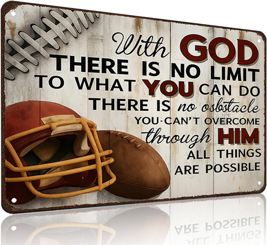 Football Gifts with God There's No Limit Quotes Inspirational Tin Sign for Boys Room Man Cave 8 X 12 Inches