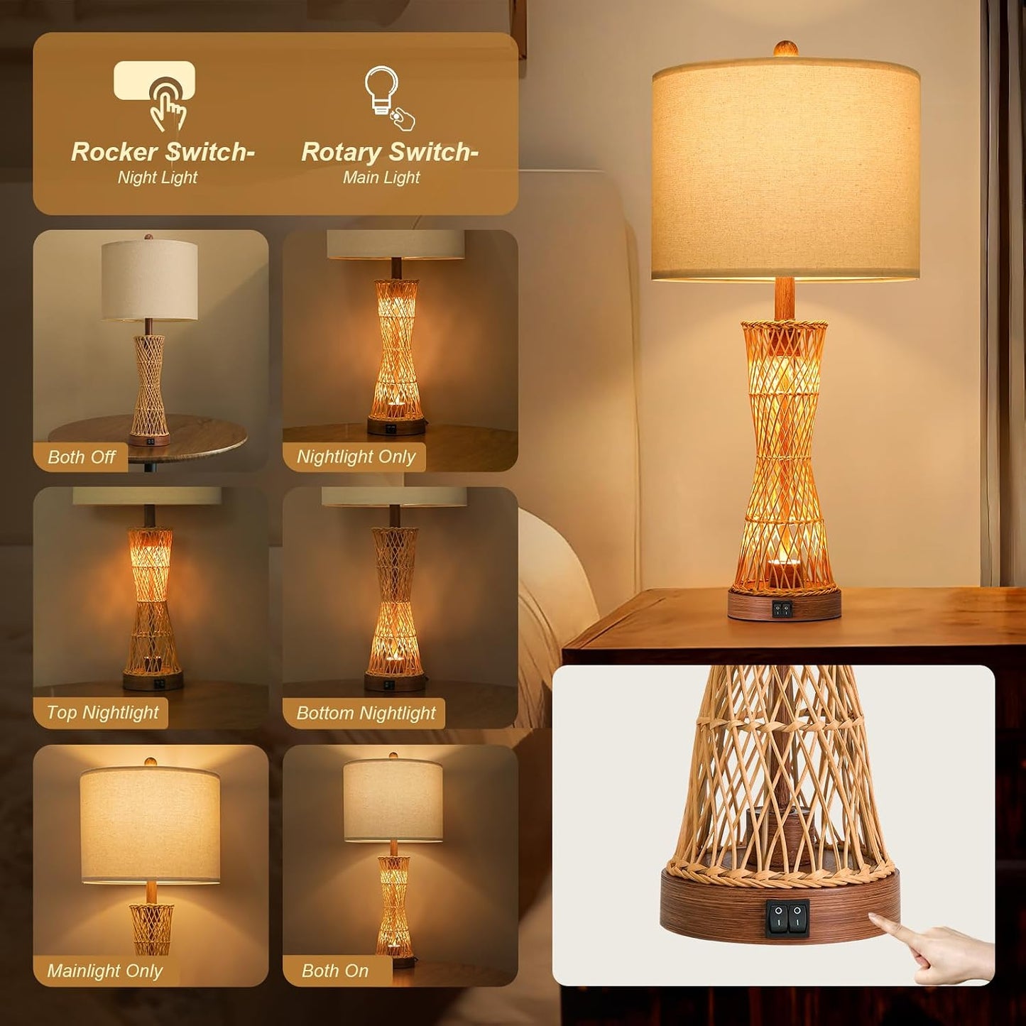 27" Table Lamps Set of 2 with Rattan & Dual Lights, Boho Lamps for Nightstands, Bedside Lamps for Bedroom, Nightstand Lamp for Living Room, Farmhouse Table Lamp for Office & Study