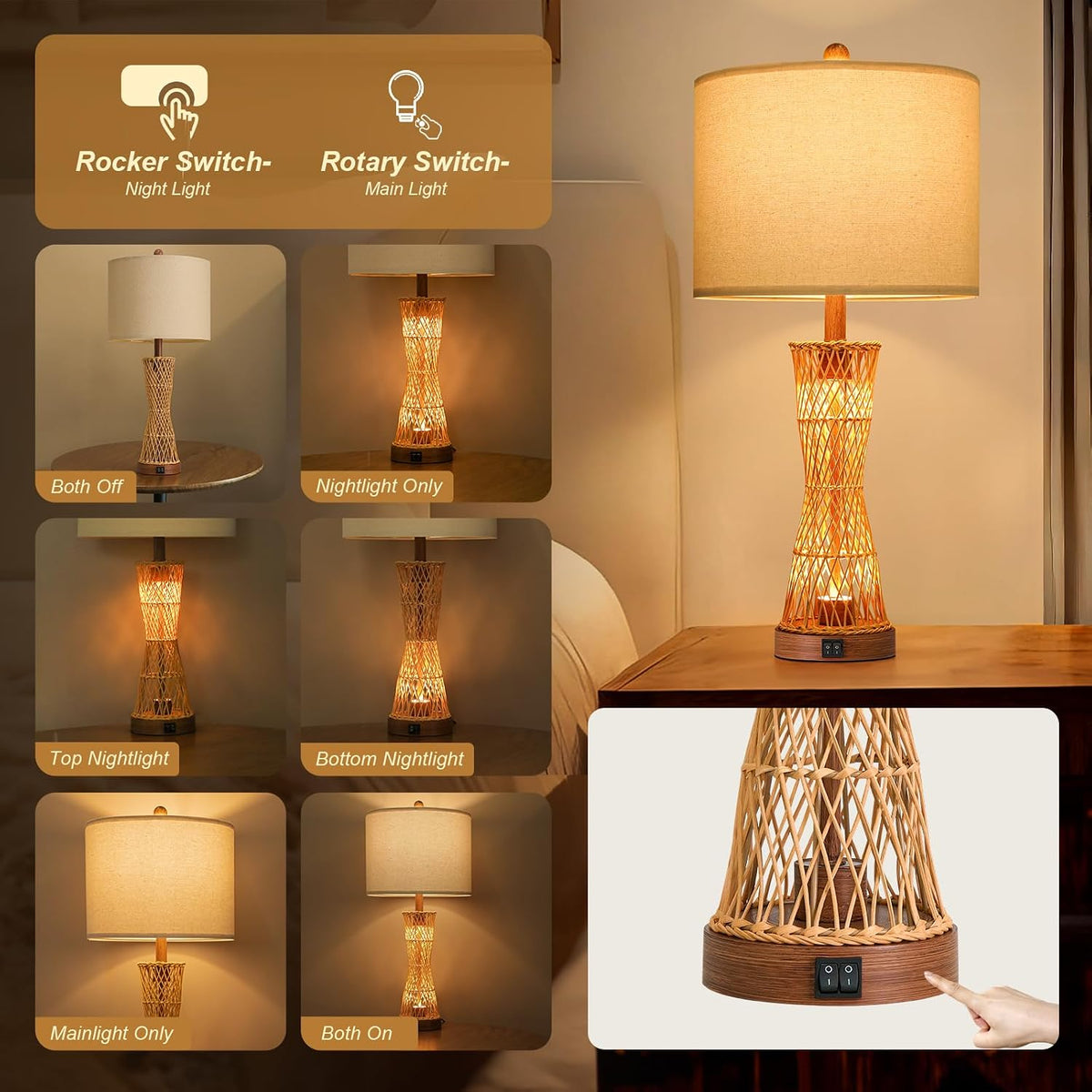 27" Table Lamps Set of 2 with Rattan & Dual Lights, Boho Lamps for Nightstands, Bedside Lamps for Bedroom, Nightstand Lamp for Living Room, Farmhouse Table Lamp for Office & Study