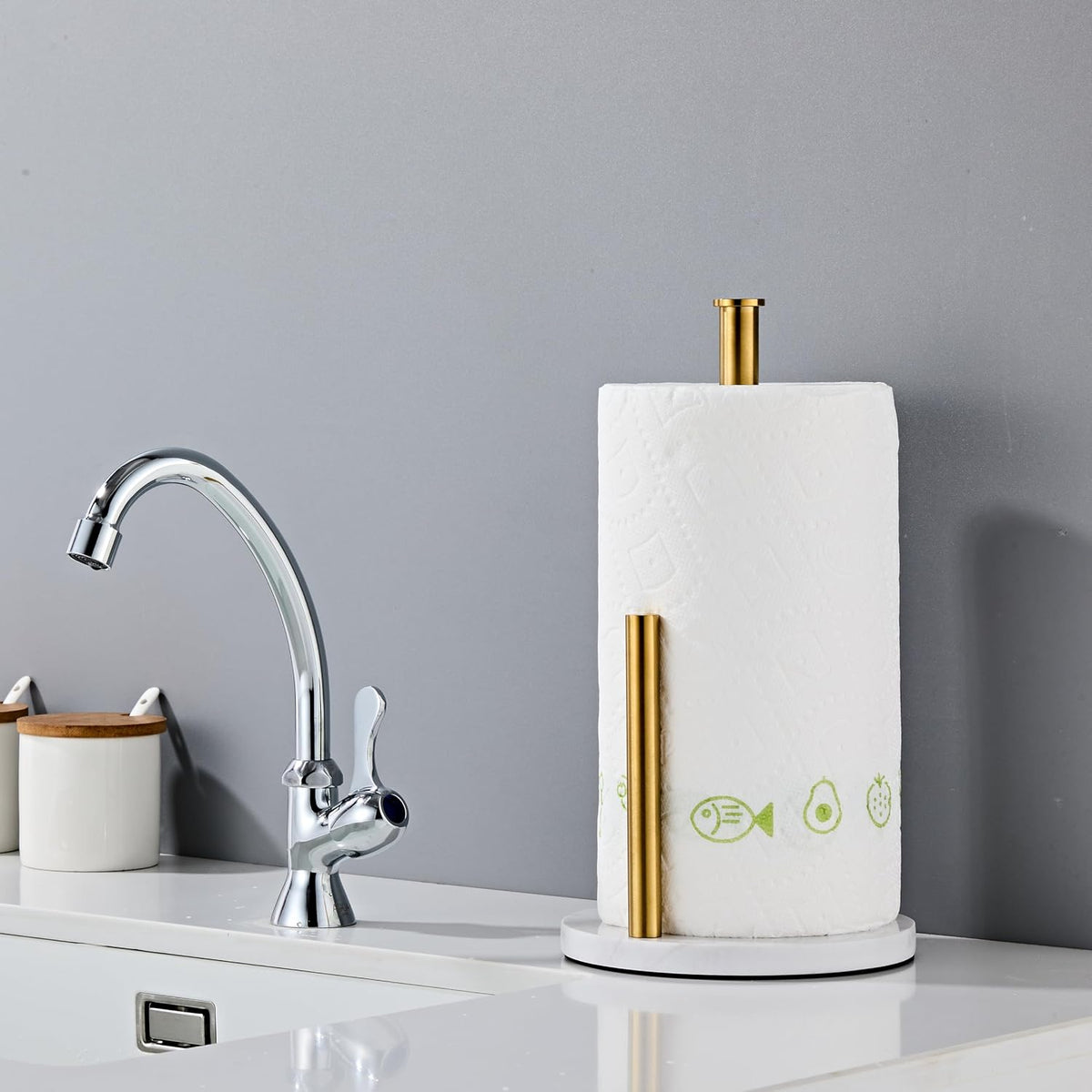 Brushed Gold Paper Towel Holder for Kitchen Countertop, 304 Stainless Steel Roll Dispenser with White Engineered Marble Weighted Base, Freestanding Paper Towel Stand for Standard Rolls