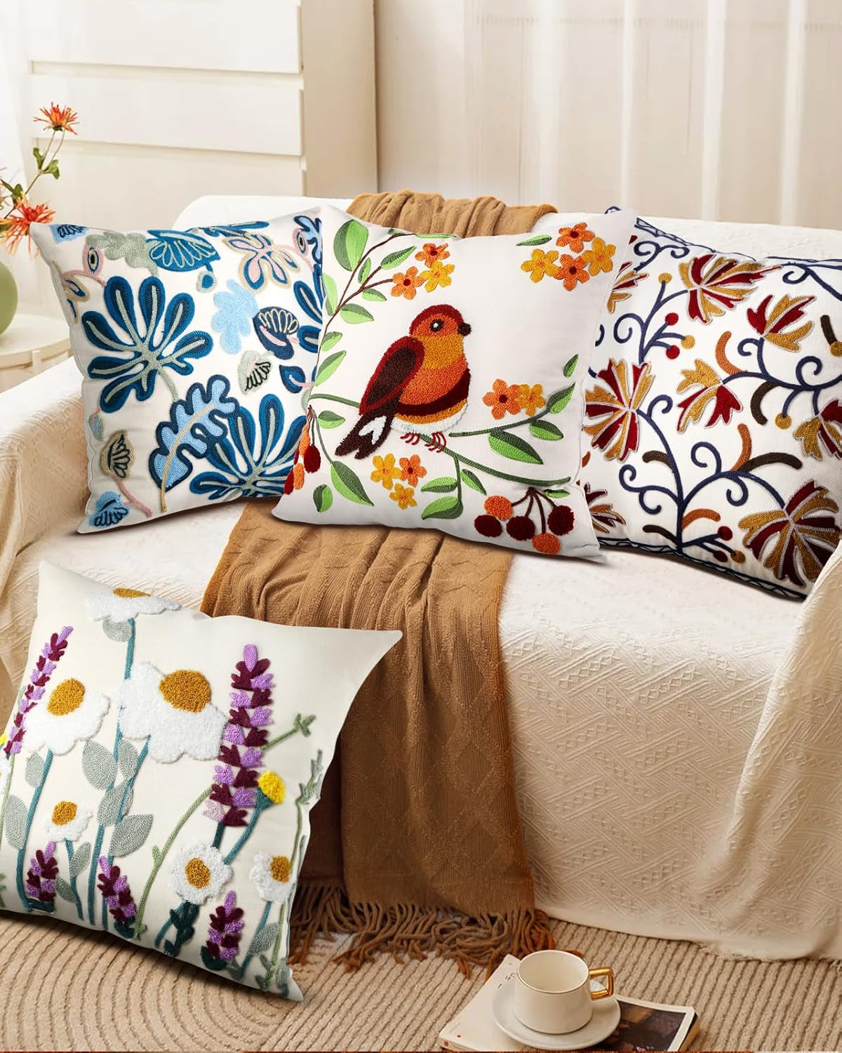 Embroidered Throw Pillow Covers - 18X18 Decorative Pillow Covers with Zipper Aesthetic Cute Design, Tree Bird