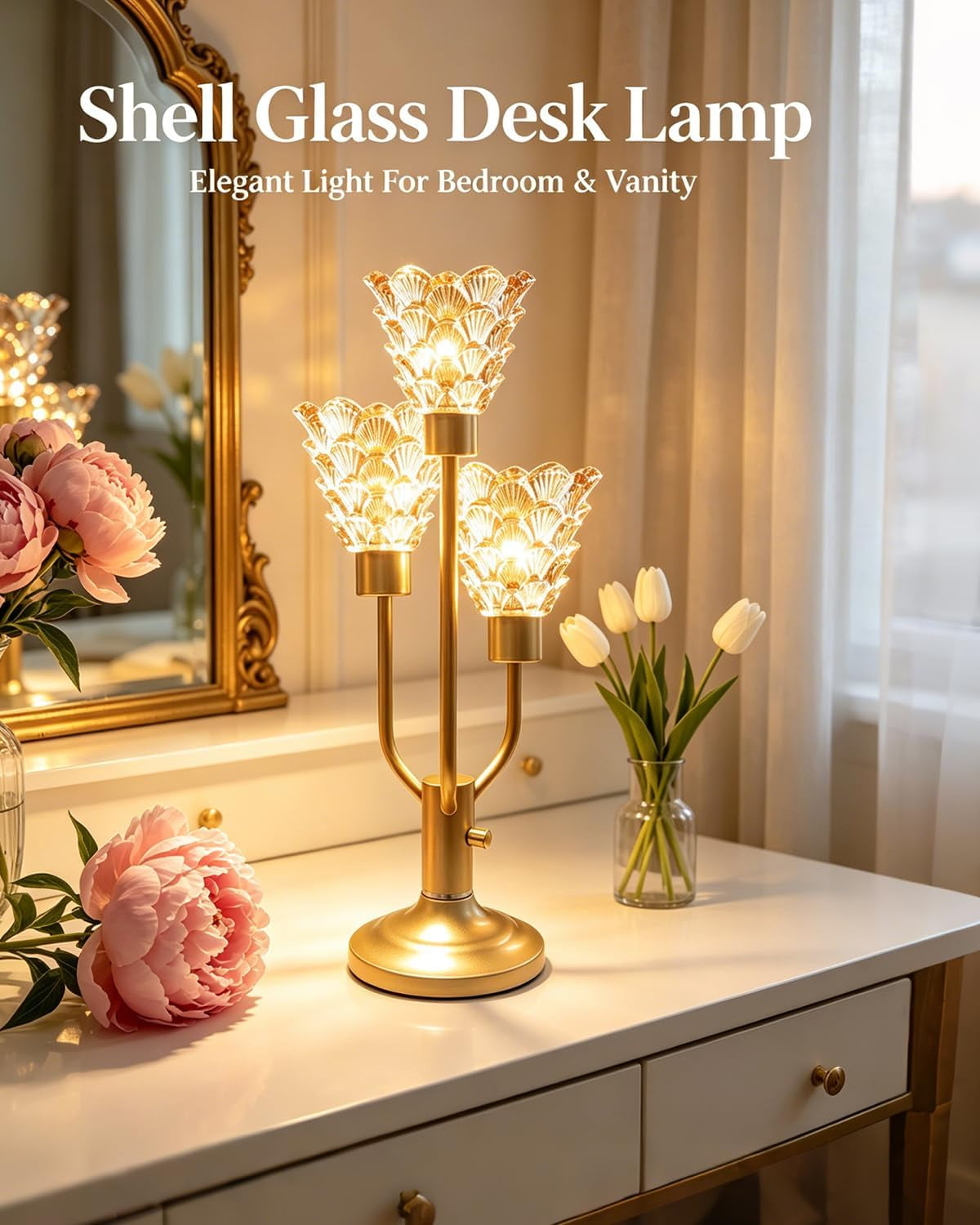  Modern Gold Glass Table Lamp Dimmable 3 Bulbs Included, Nightstand Lamp Vintage, with Amber Glass Warm white 