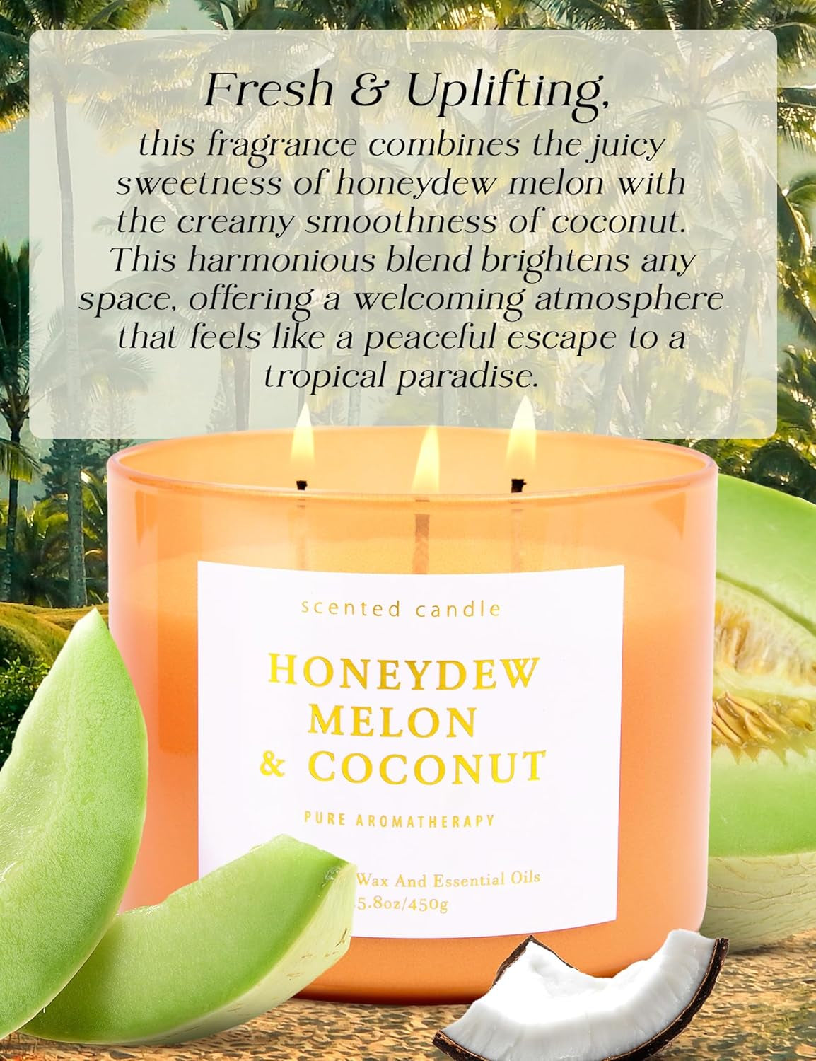 Honeydew Melon & Coconut Candle - Large 3 Wick Scented Soy Candle ,15.8 Oz