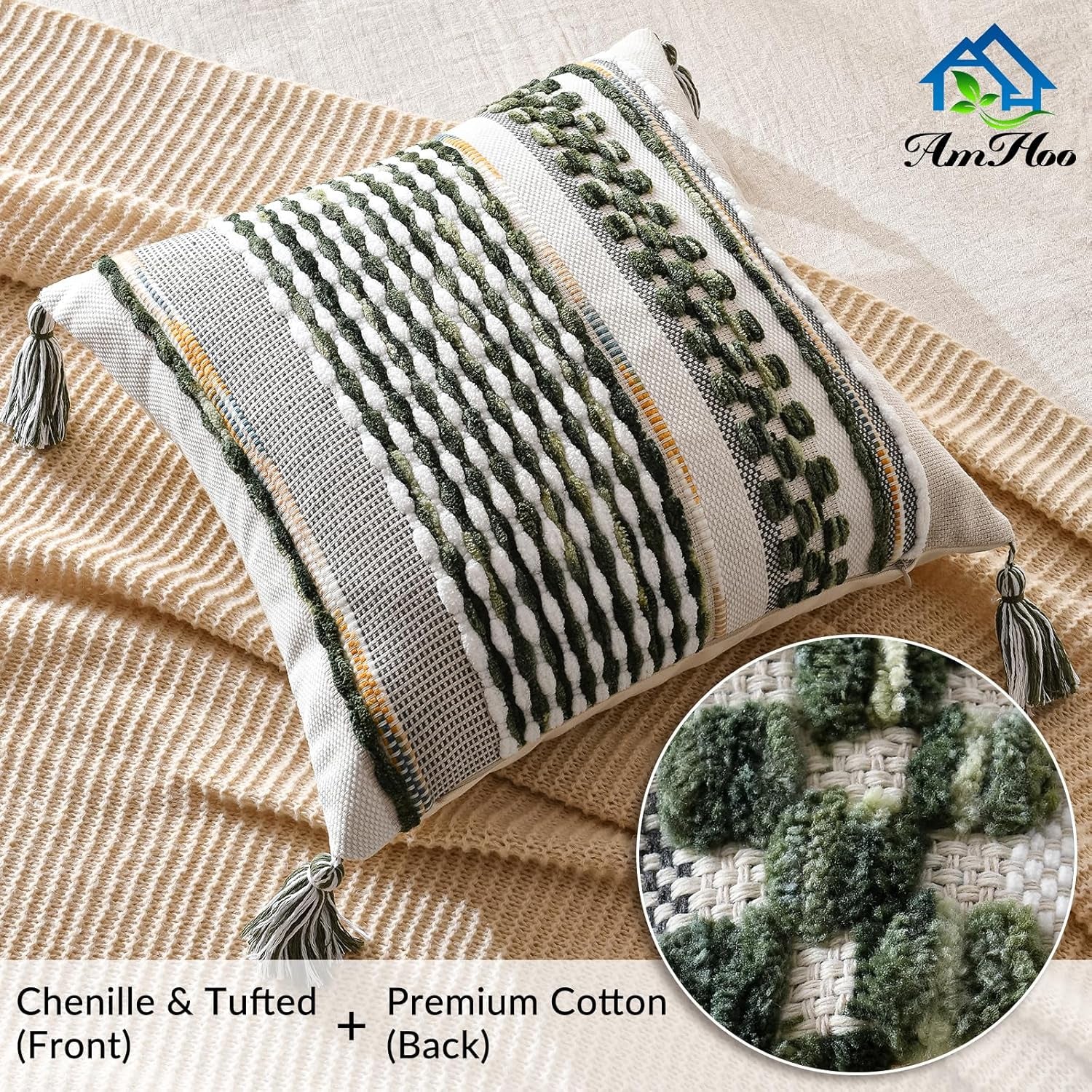 Chenille Striped Textured Boho Throw Pillow Covers 18 X 18-Inch Sage Green