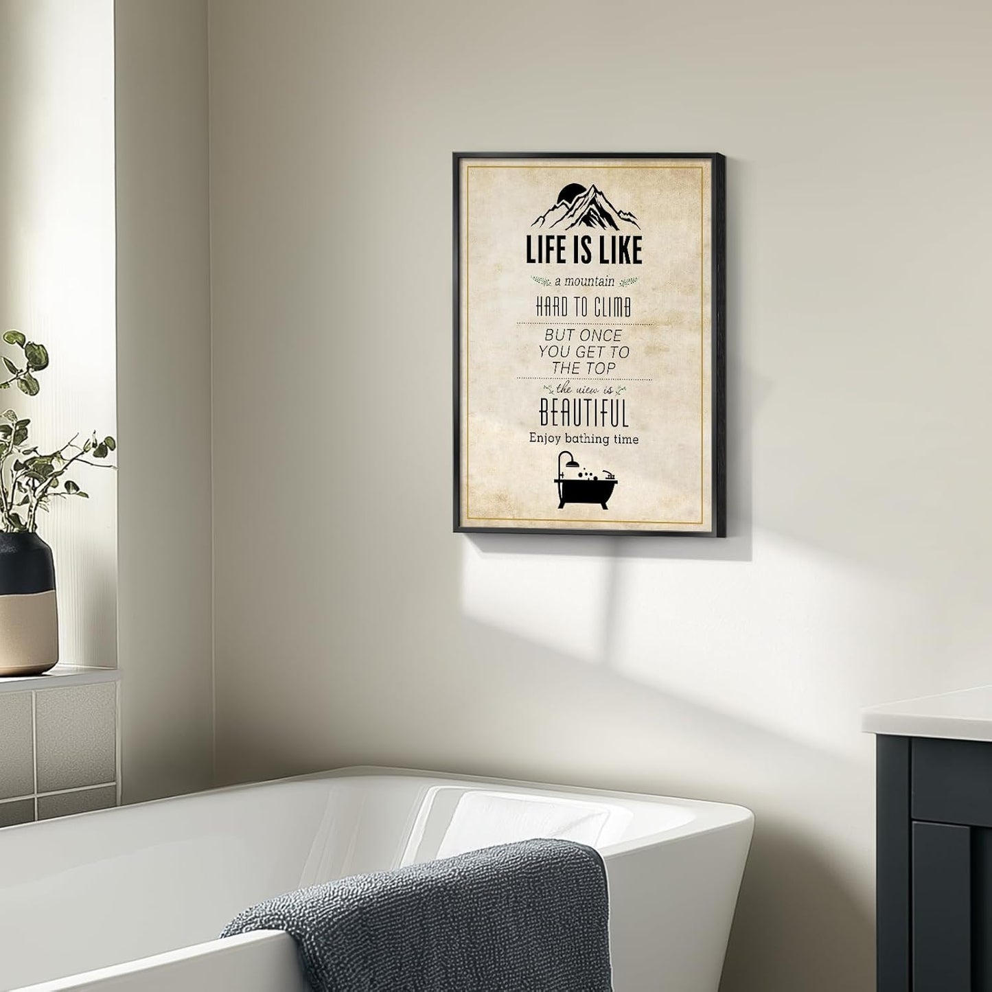Framed Bathroom Wall Art Decor, Rustic Inspirational Canvas Painting Print Artwork, Neutral Black and White