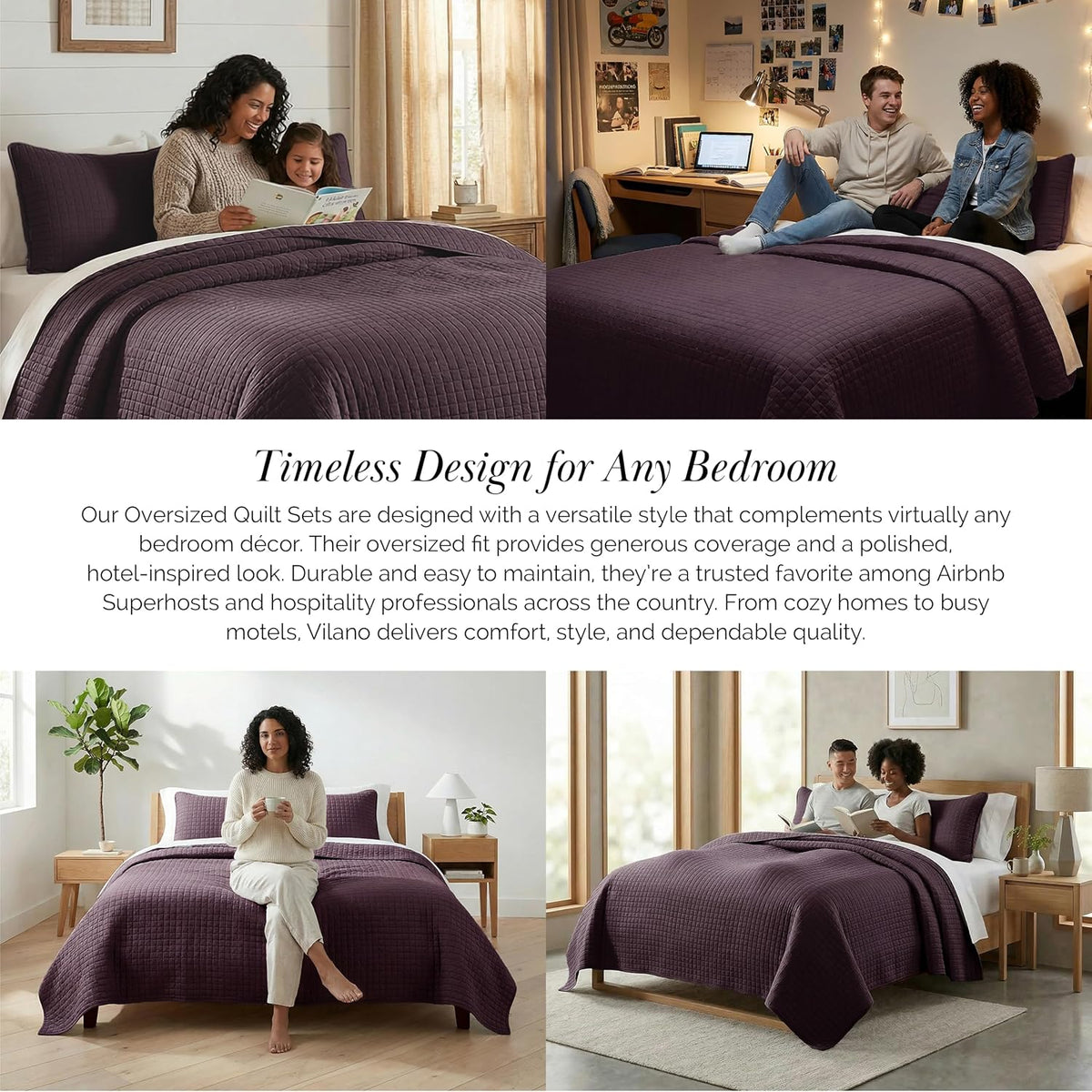 Quilts Queen Size Quilt Bedding Set with 2 Quilted Pillow Shams, Purple