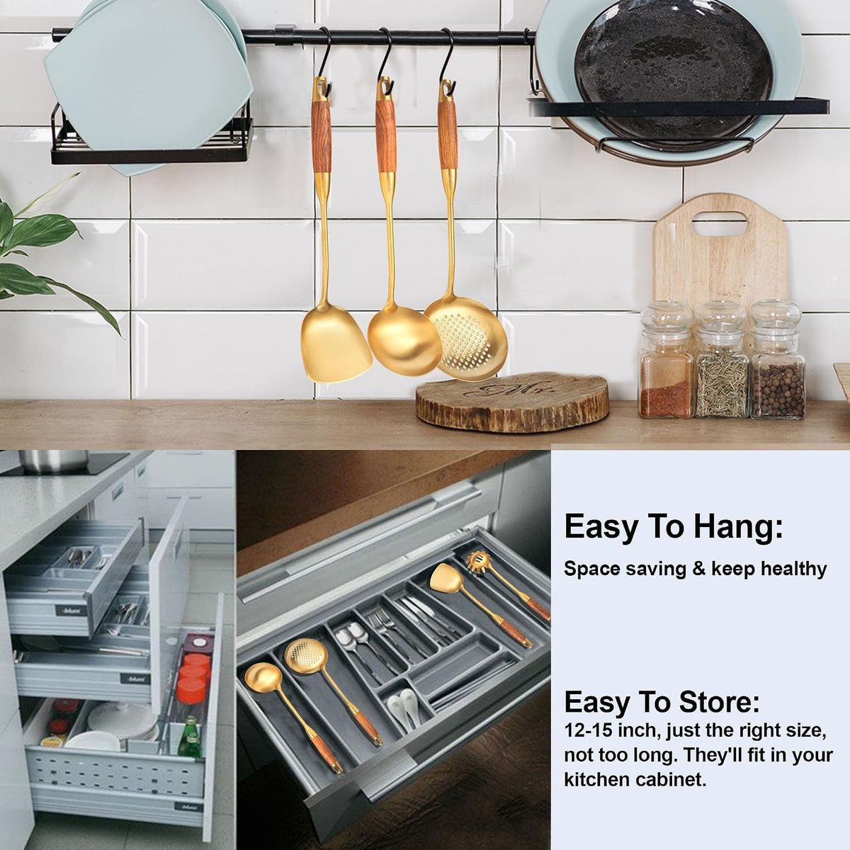 Gold Kitchen Utensils Stainless Steel with Wooden Handle 6 PCS