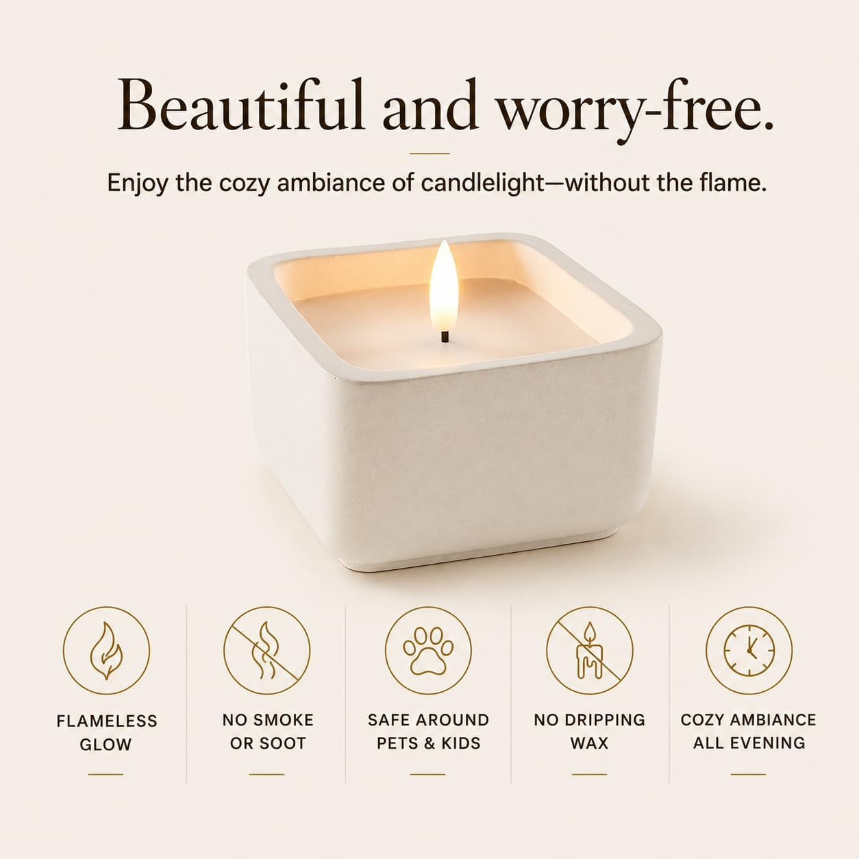 Flameless Square LED Candle with Real Wax in a Cement Base, Battery Operated, 500+ Hours (Ivory)
