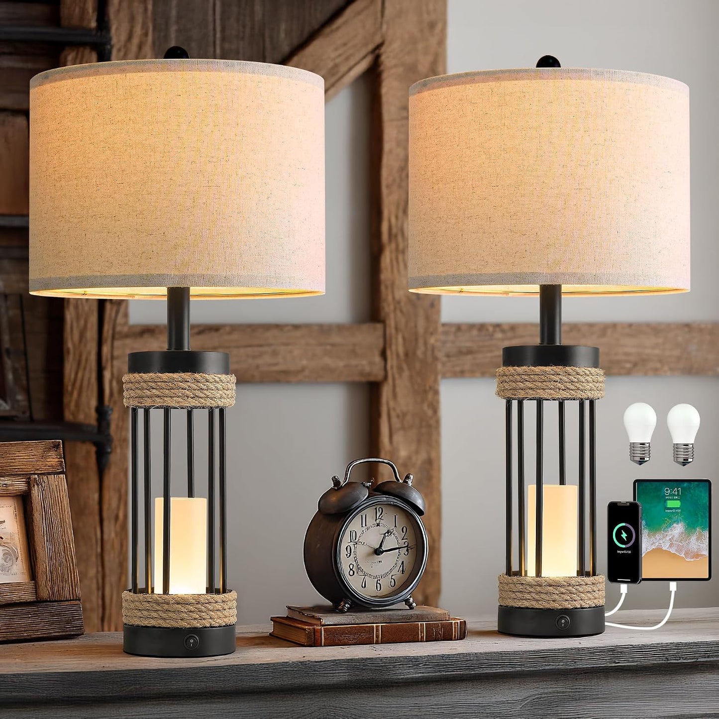 25" Table Lamps Set of 2, Rustic Lamps with USB C+A Charging Ports, Black Metal Lamp with Rope Accent and Frosted Glass