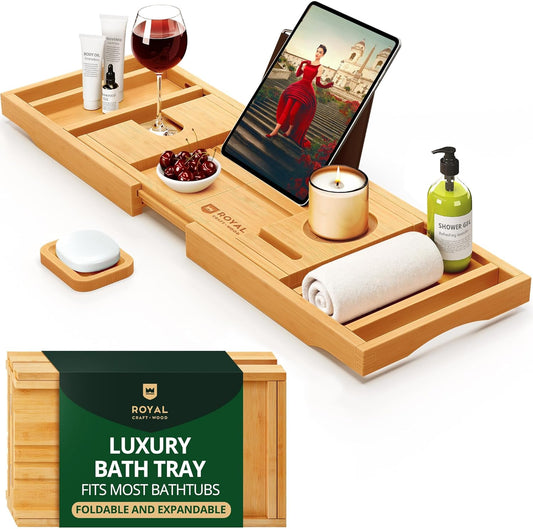 Premium Foldable Bathtub Tray - Wood Bath Tray for Tub, Bamboo Shelf