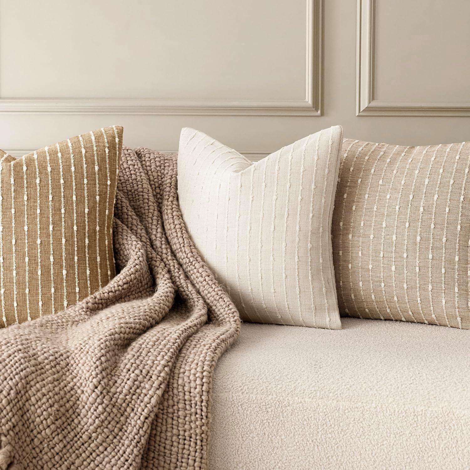Decorative Striped Boucle Throw Pillow Covers 20X20 Cream White