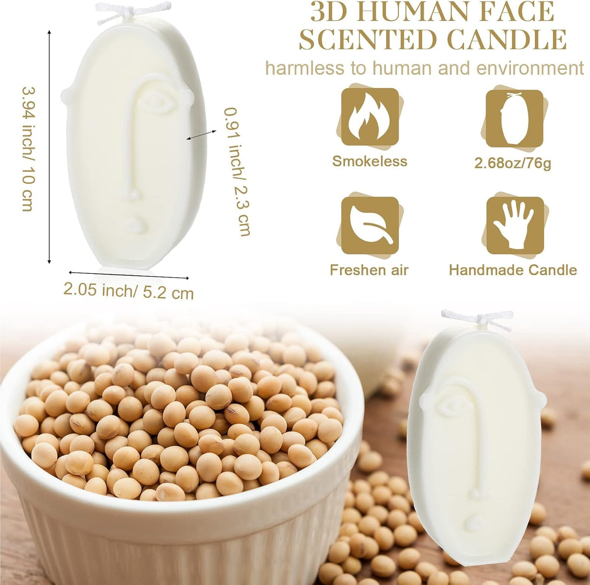 2 Pcs Shaped Candles Cool Candles Aesthetic Weird Face Geometric White Decorative Sculpture Scented Soy Wax Fun Modern Trendy for Bedroom Bathroom Shelf Decor(Cute Style)