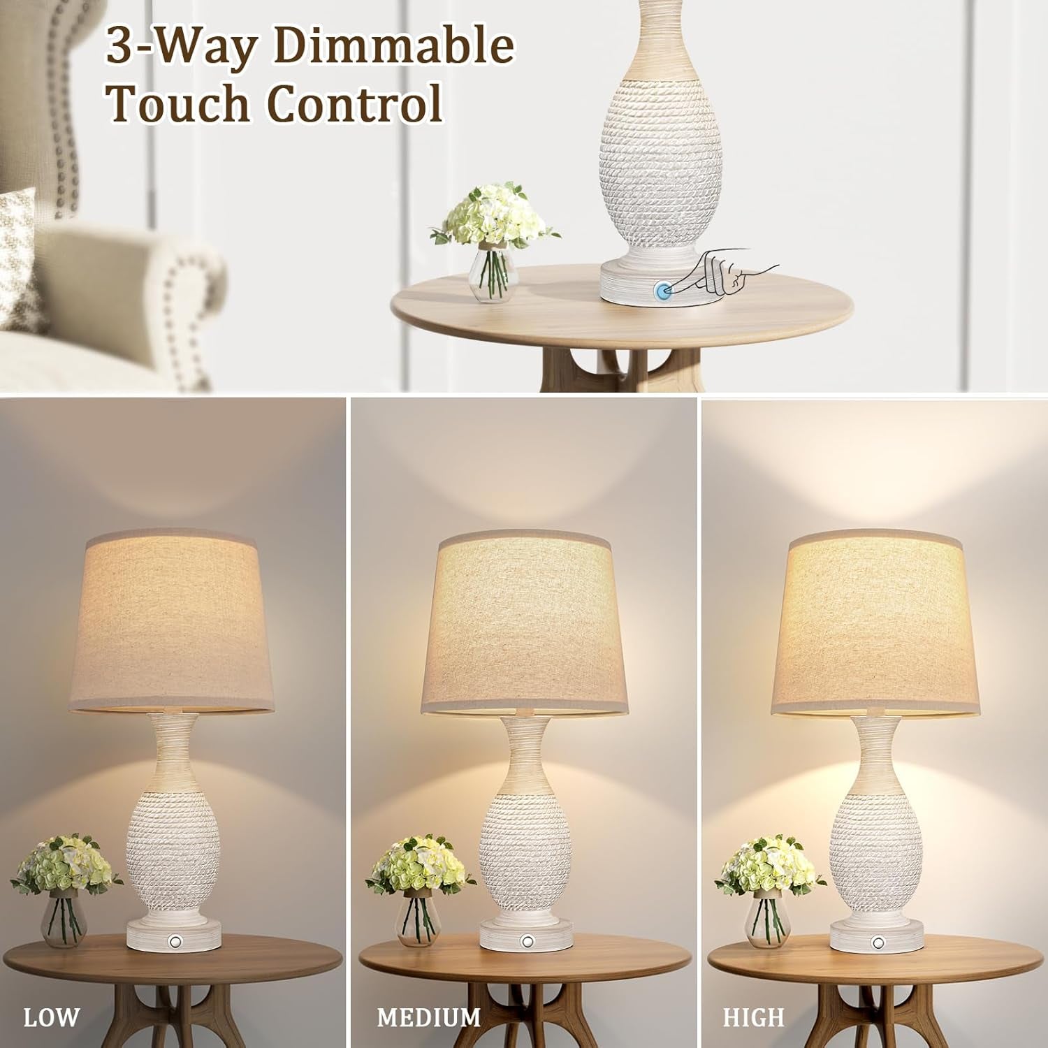 Farmhouse Side Table Lamps-Set of 2, 3-Way Dimmable Touch Lamps with Oat Fabric Shade (Bulbs Included)