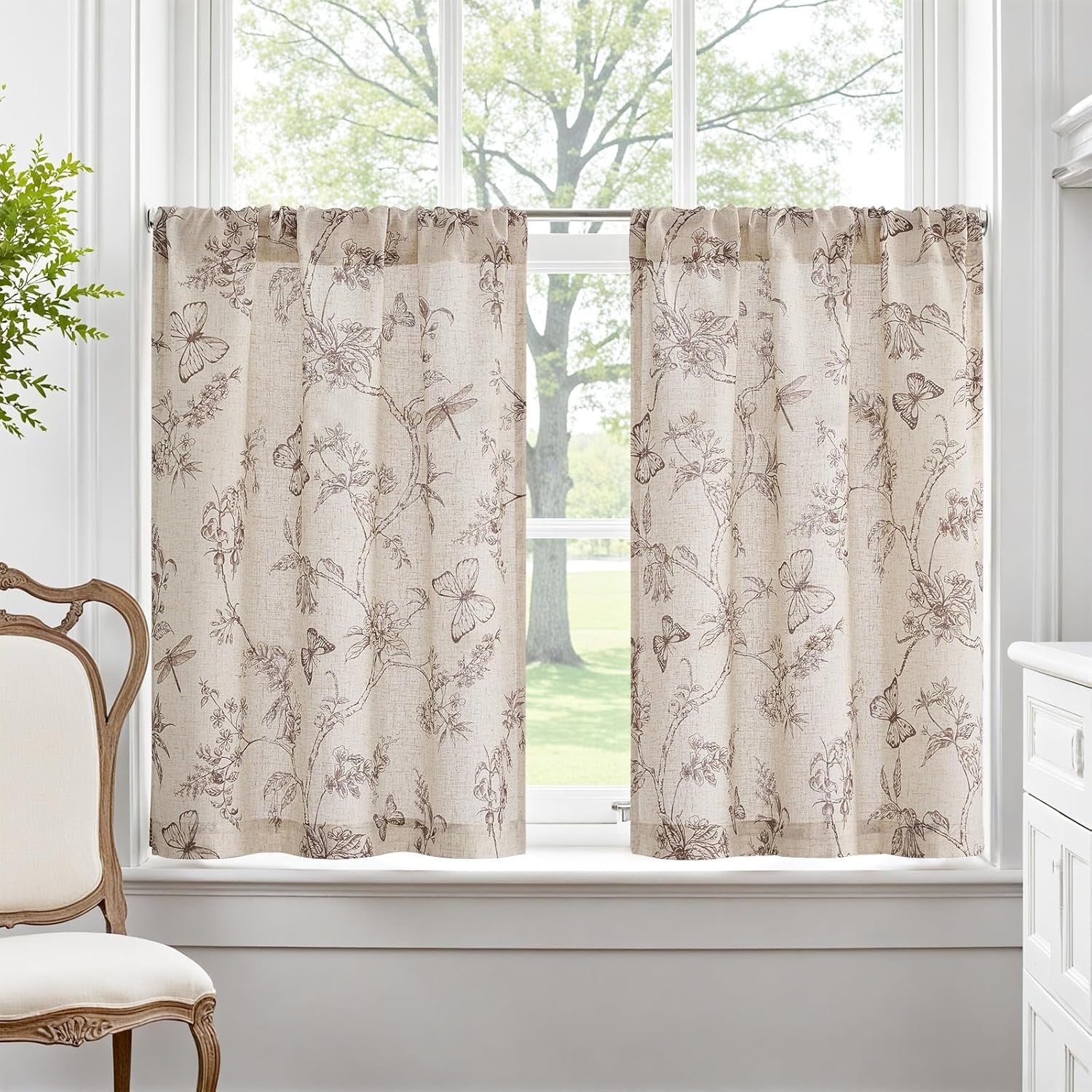 Floral Kitchen Curtains for Windows 36 Inch Farmhouse Country Linen Tier Curtains, Botanic Small Window Drapes, Rod Pocket Rustic 2 Panels Tan on Beige