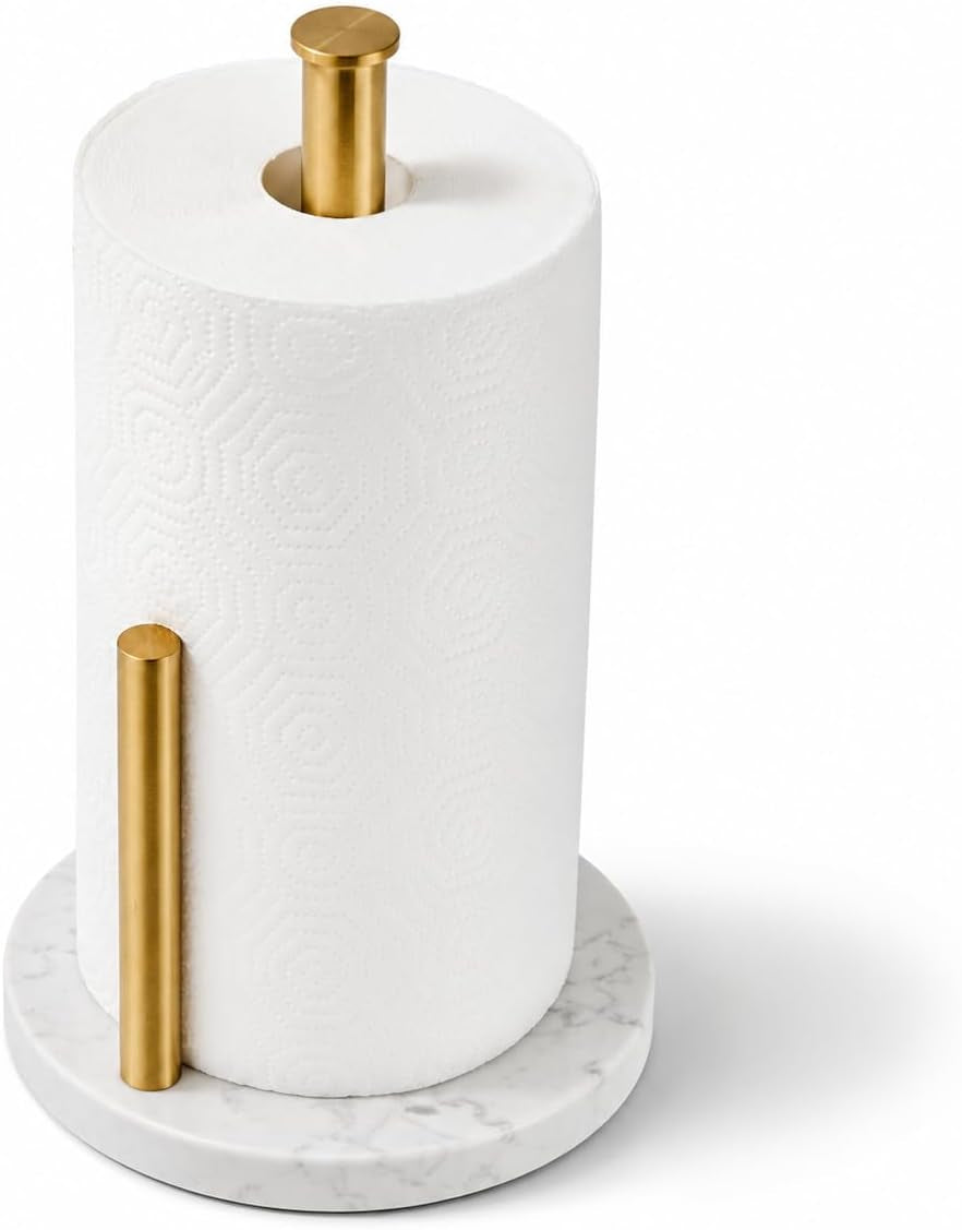 Brushed Gold Paper Towel Holder for Kitchen Countertop, 304 Stainless Steel Roll Dispenser with White Engineered Marble Weighted Base, Freestanding Paper Towel Stand for Standard Rolls