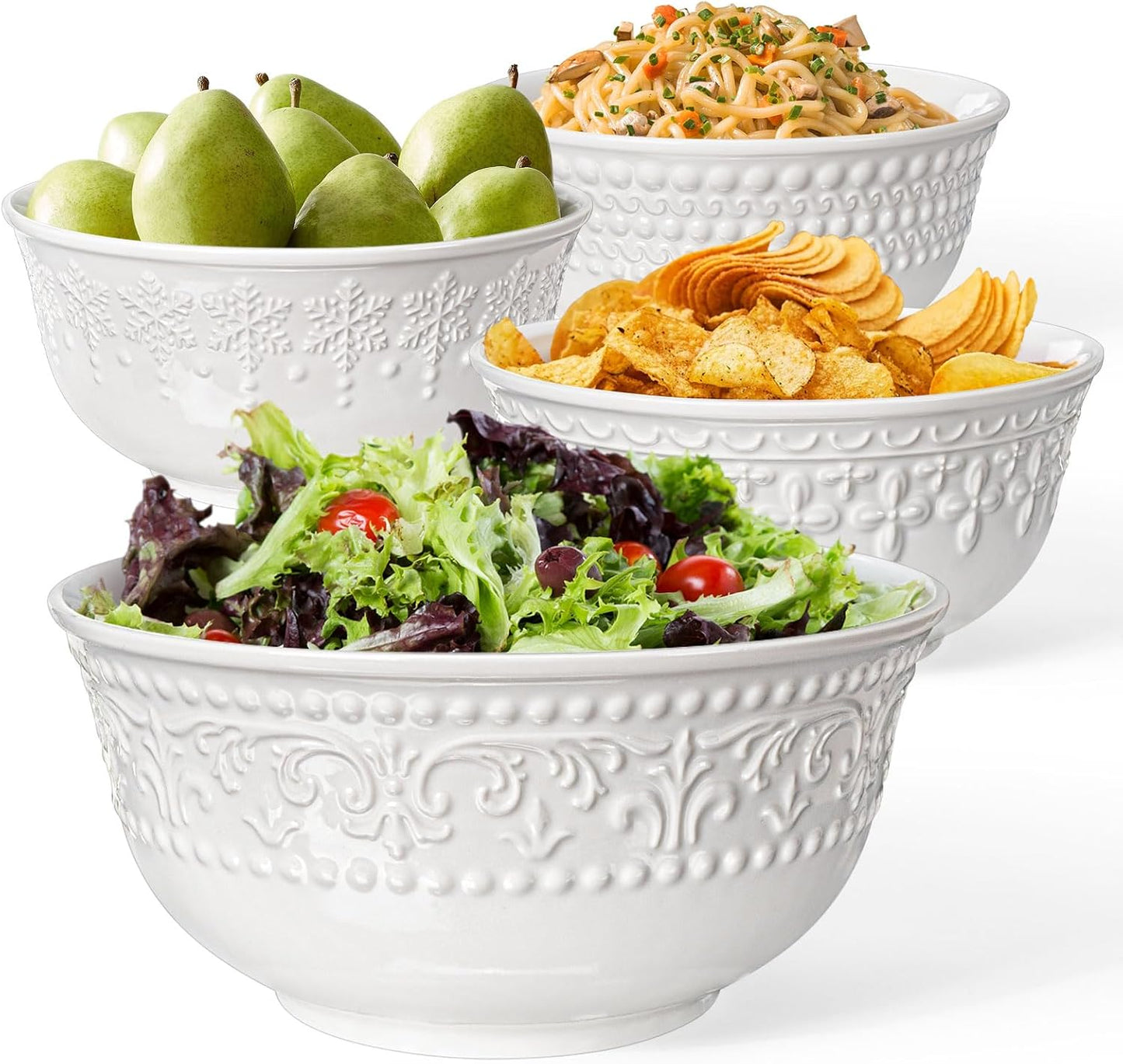 Large Salad Bowls Set of 4, 60Oz White Serving Bowls Deep Embossed Ceramic 8 Inch (Multiple Patterns)