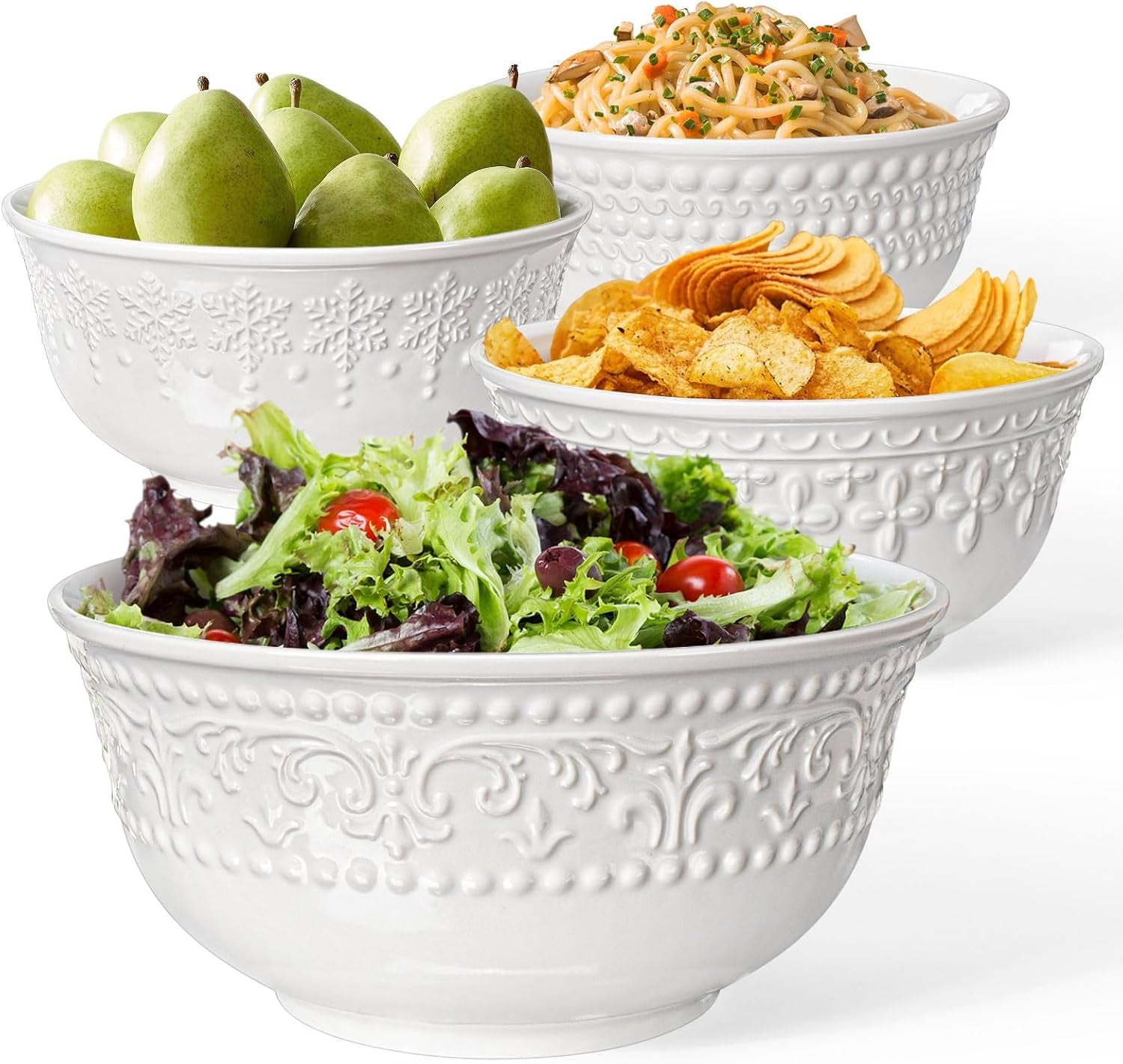Large Salad Bowls Set of 4, 60Oz White Serving Bowls Deep Embossed Ceramic 8 Inch (Multiple Patterns)