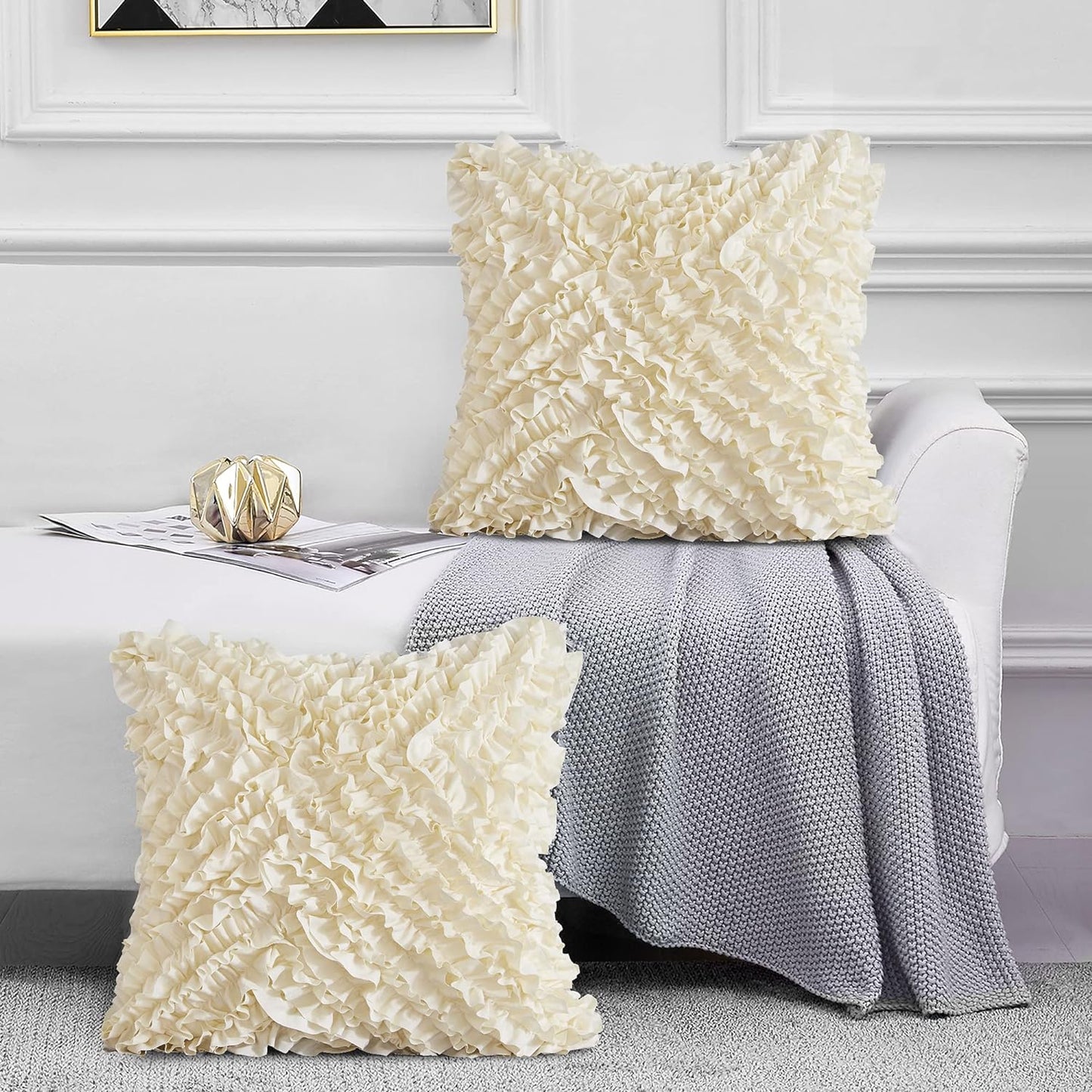 Throw Pillow Covers (Set of 2) Ruffles Pillowcase, 20 X 20 Inch, Beige