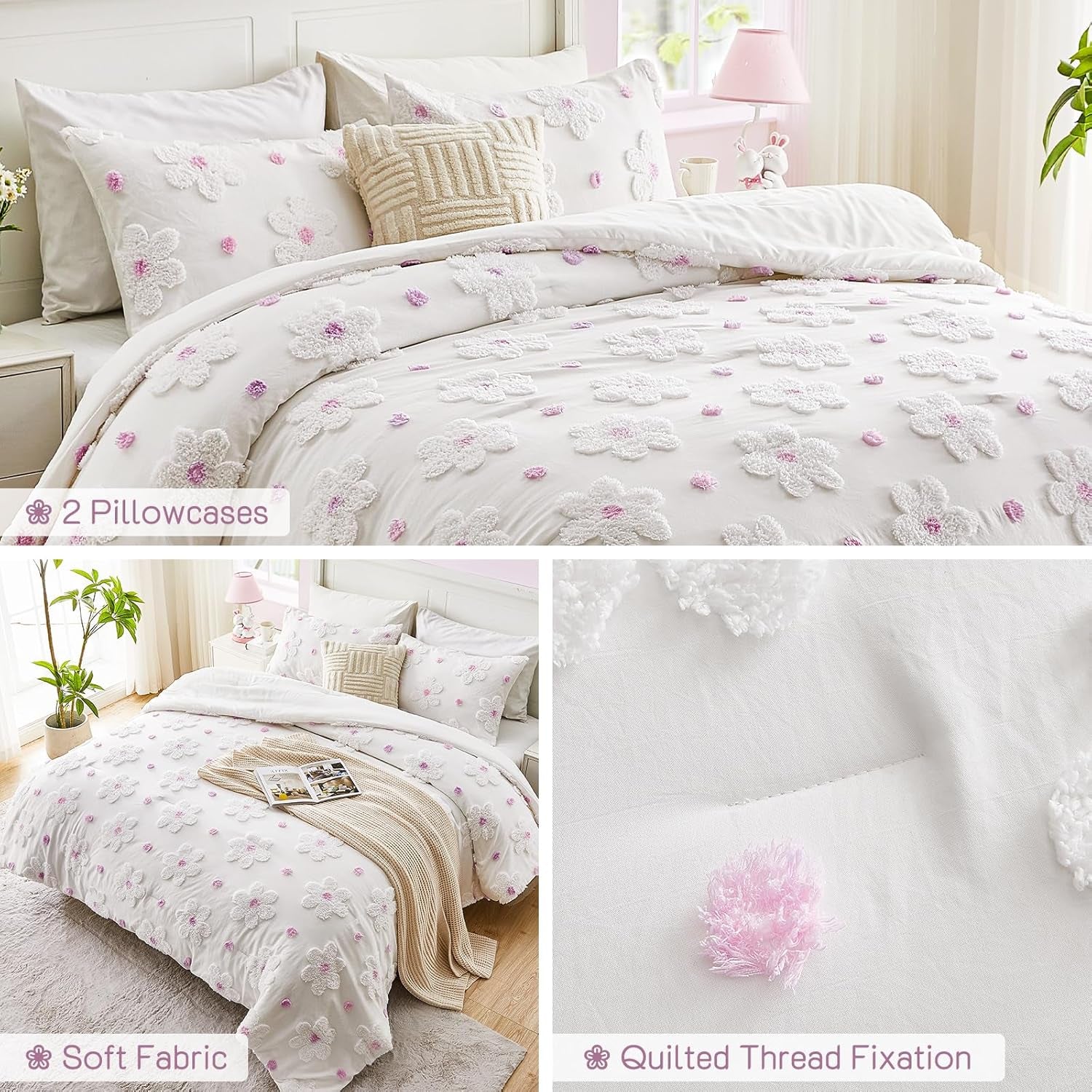 Twin Comforter Set for Girls 2 Pieces Tufted Daisies Flowers. Purple Floral Bedding, Lightweight