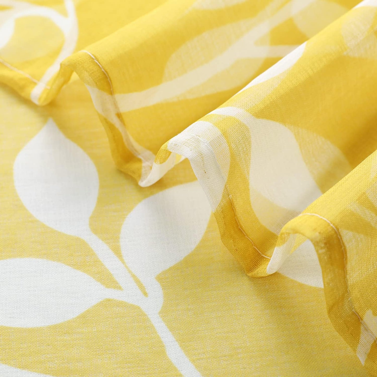Yellow Sheer Pattern Curtains 84 Inches Long, Spring Decor Lightweight Leaf Floral Printed Curtains 2 Panels Set, Mustard Yellow and White
