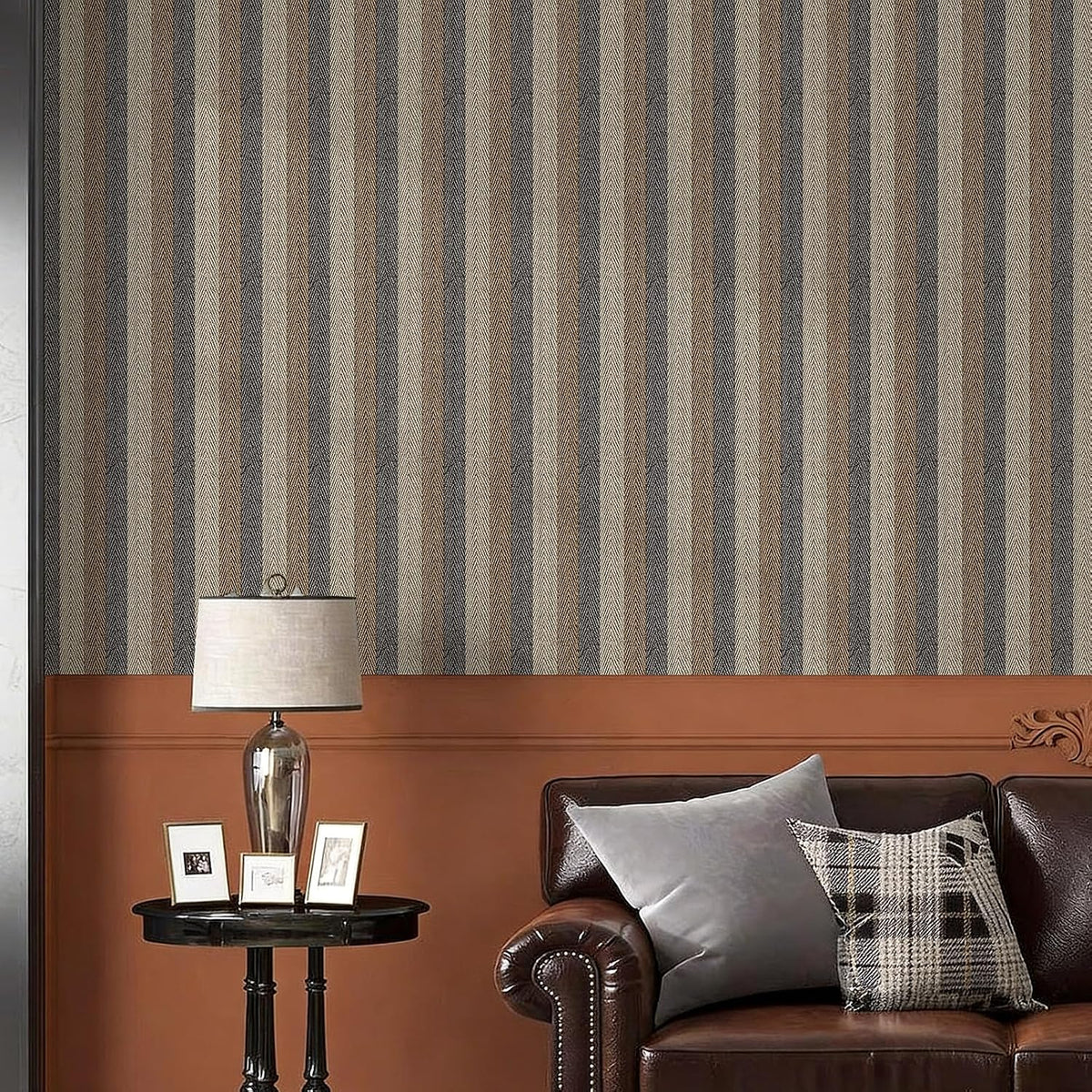 Textured Fabric Geometric Peel and Stick Wallpaper 17.3"X800" Black/Grey/Brown Stripes 