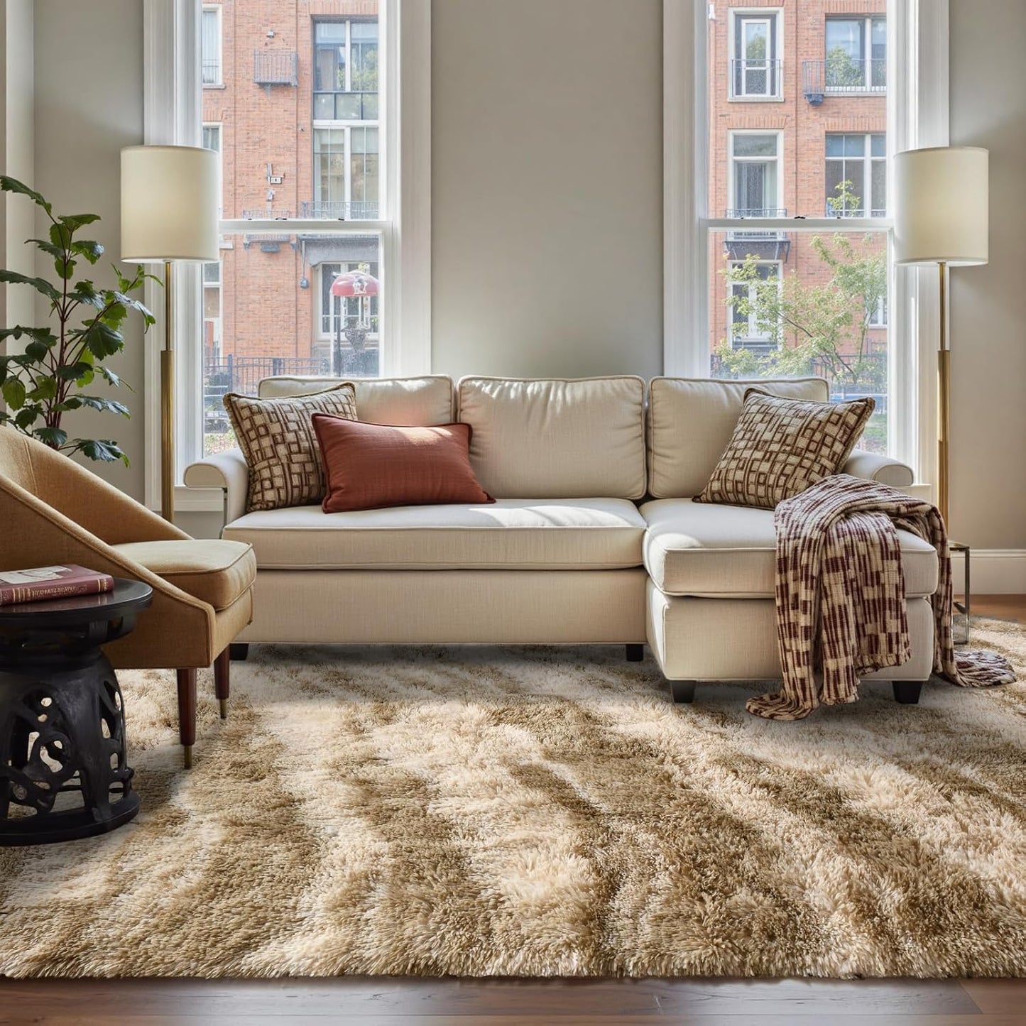  Fluffy Area Rug, 5X8 Non-Slip (Tie-Dye Striped Tan)