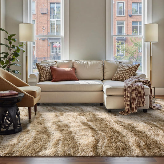  Fluffy Area Rug, 5X8 Non-Slip (Tie-Dye Striped Tan)