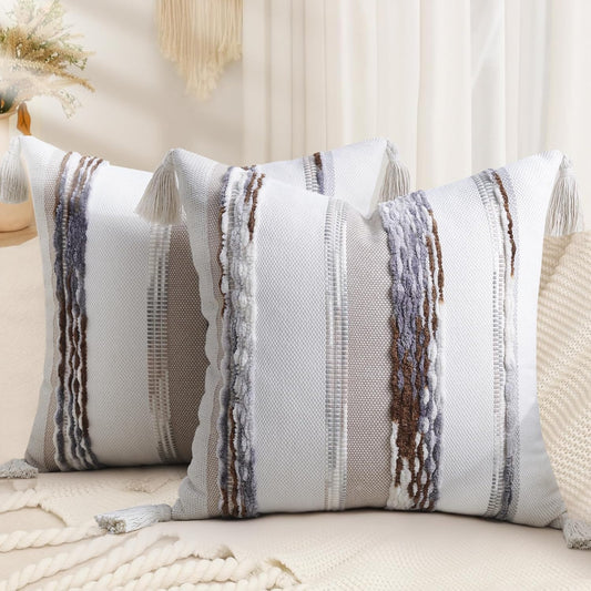 Boho Decorative Throw Pillow Covers 18X18 Set of 2, Cream White and Khaki