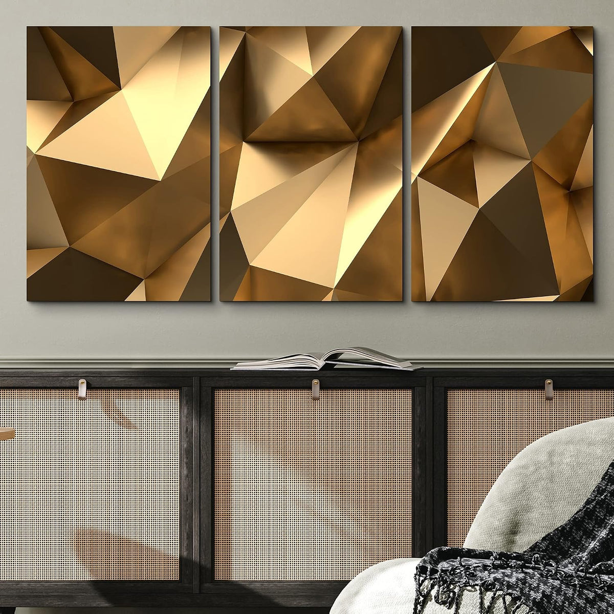 Canvas Print Wall Art Set 3D Geometric Gold Polygons Abstract Shapes Digital Art Scenic Colorful Ultra for Living Room, Bedroom, Office - 24"X36"X3 Panels