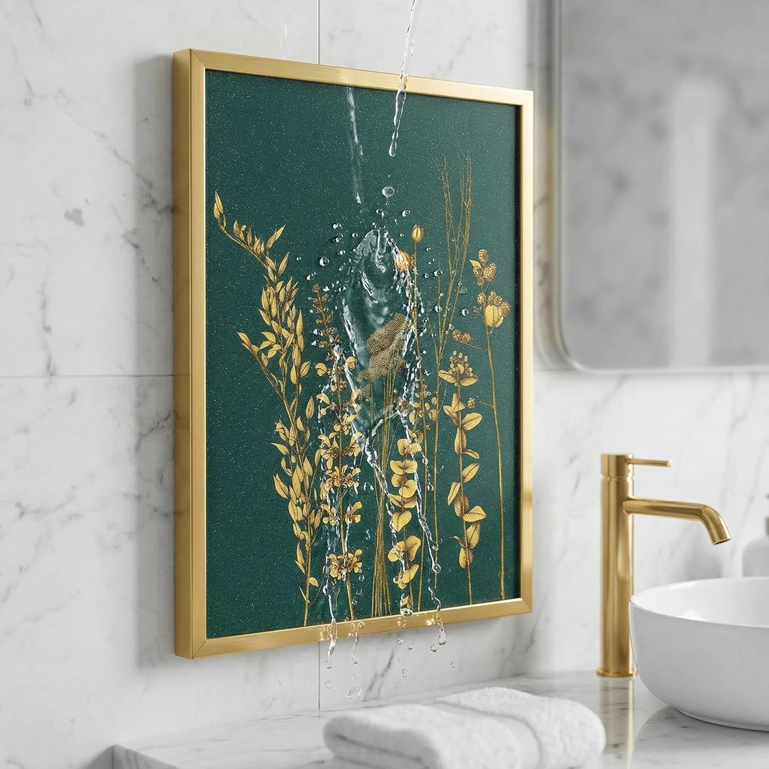 Hand-Painted Gold Gilded Wall Art, Luxury Emerald Green 3D Textured Floral Pictures with Frame 12X16 