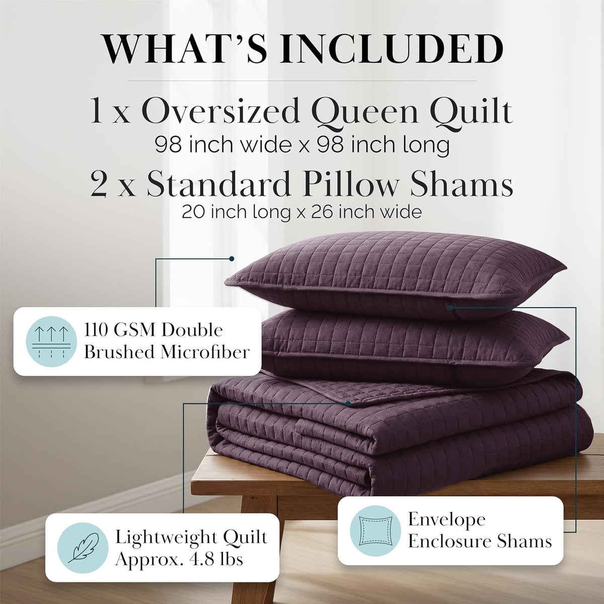 Quilts Queen Size Quilt Bedding Set with 2 Quilted Pillow Shams, Purple