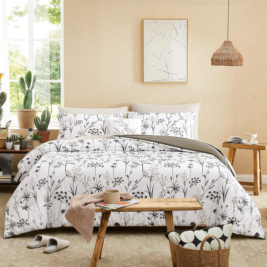 Dandelion Plant Comforter Set with Flowers Leaves Pattern, White and Grey Queen Size, 8pc (90"X90")