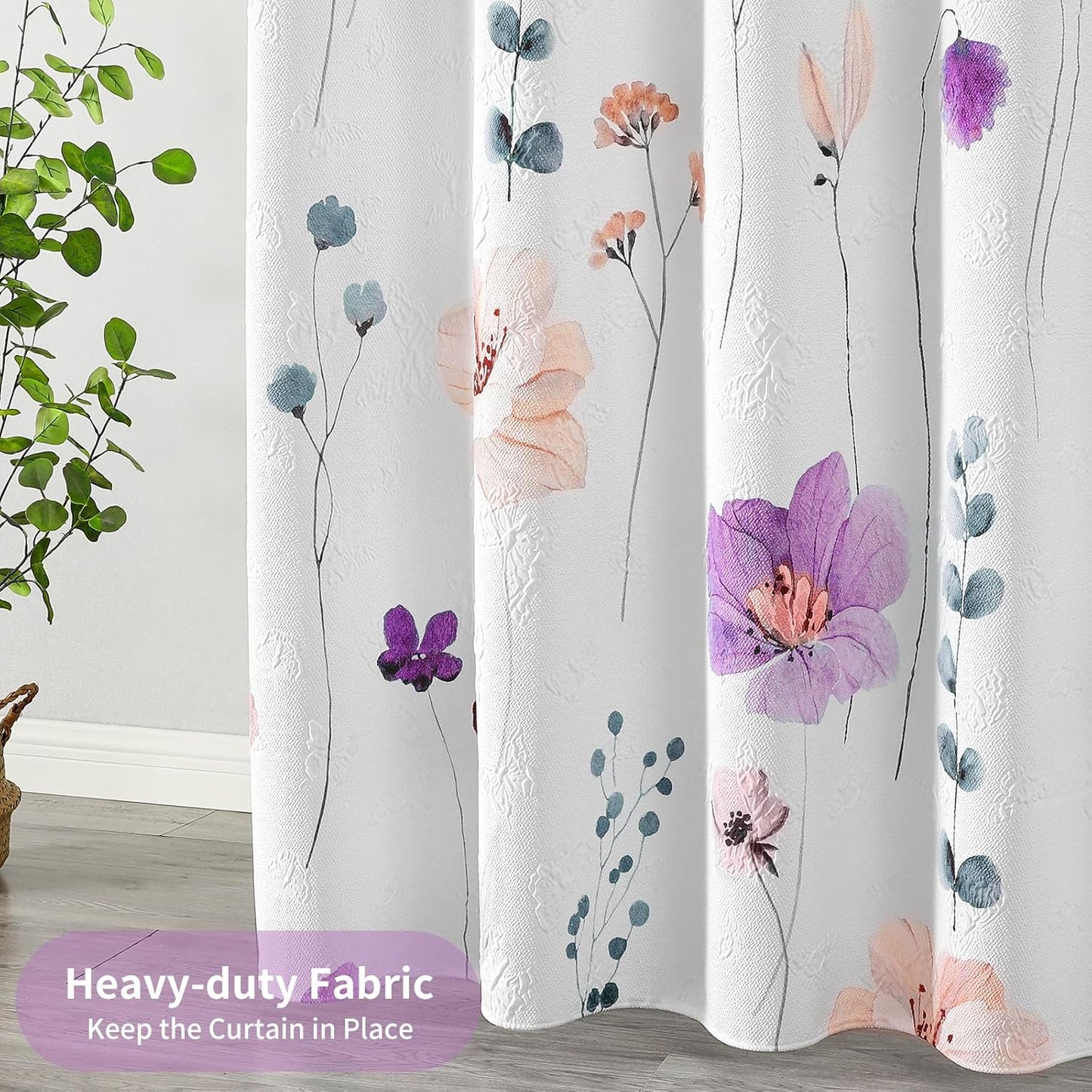 Watercolor Floral Shower Curtain, 3D Embossed Butterflies Purple Pink Flower Bathroom Curtain, Minimalist White Cloth with Hooks, 72X72